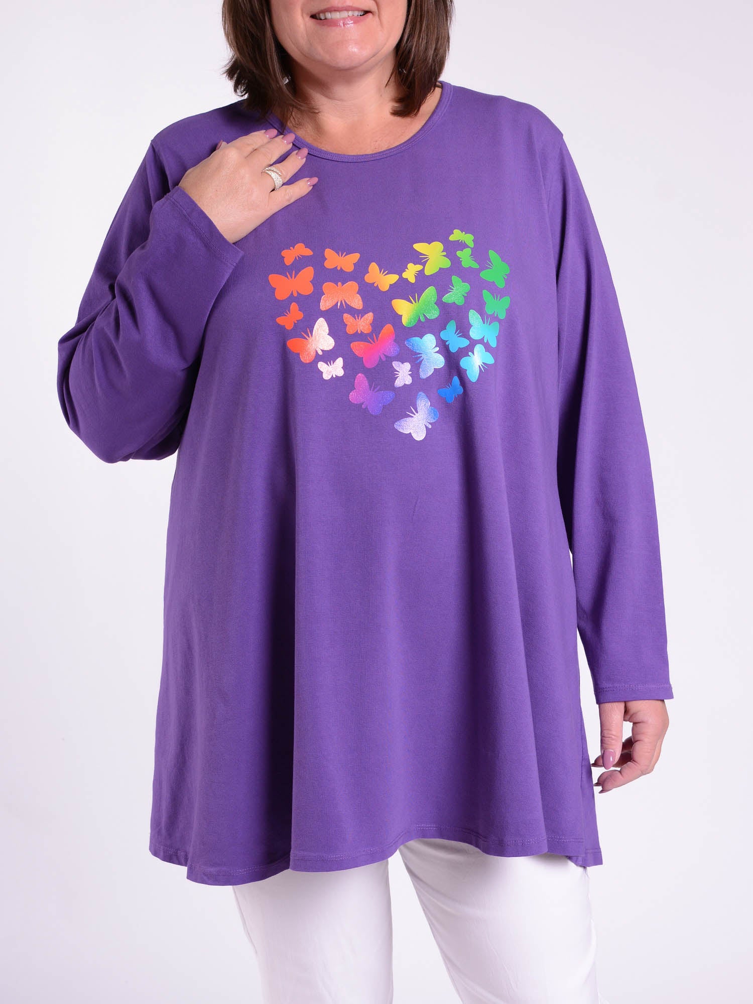 Cotton Swing Top Round Neck Long Sleeve - 20516 BUTTERFLIES, Tops & Shirts, Pure Plus Clothing, Lagenlook Clothing, Plus Size Fashion, Over 50 Fashion