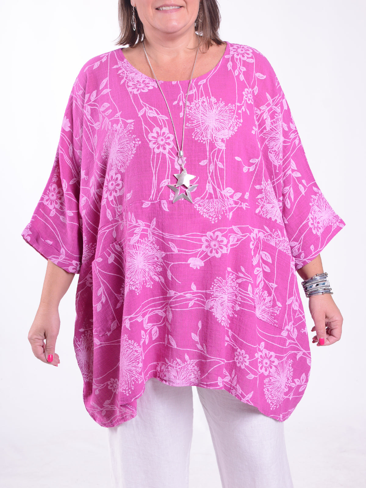 Lagenlook Oversized Cotton Tunic - 10077 FLORAL, Tops & Shirts, Pure Plus Clothing, Lagenlook Clothing, Plus Size Fashion, Over 50 Fashion