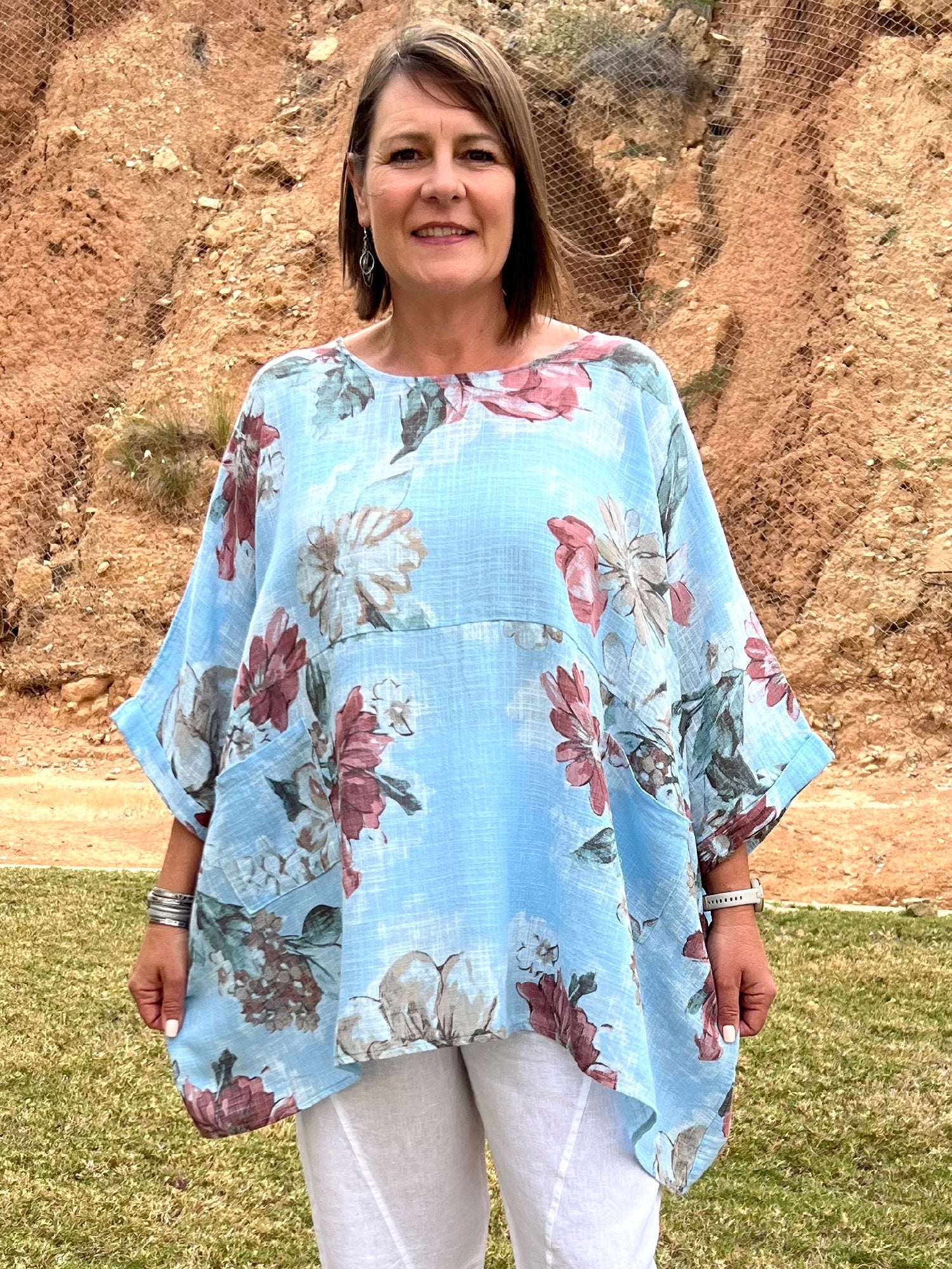 Lagenlook Oversized Floral Cotton Tunic - 10077FN, , Pure Plus Clothing, Lagenlook Clothing, Plus Size Fashion, Over 50 Fashion