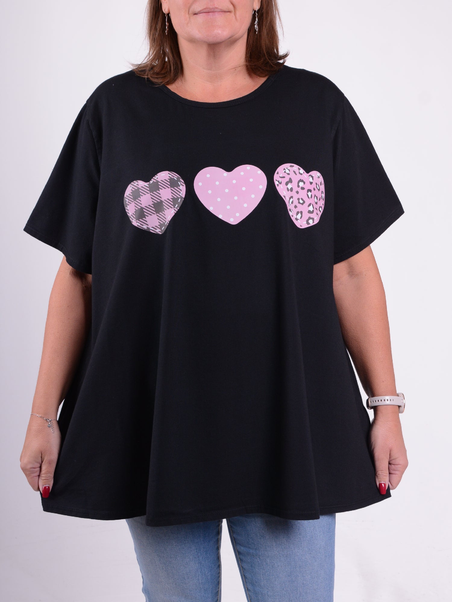 Three Hearts T Shirt - 10516 HEARTS, , Pure Plus Clothing, Lagenlook Clothing, Plus Size Fashion, Over 50 Fashion