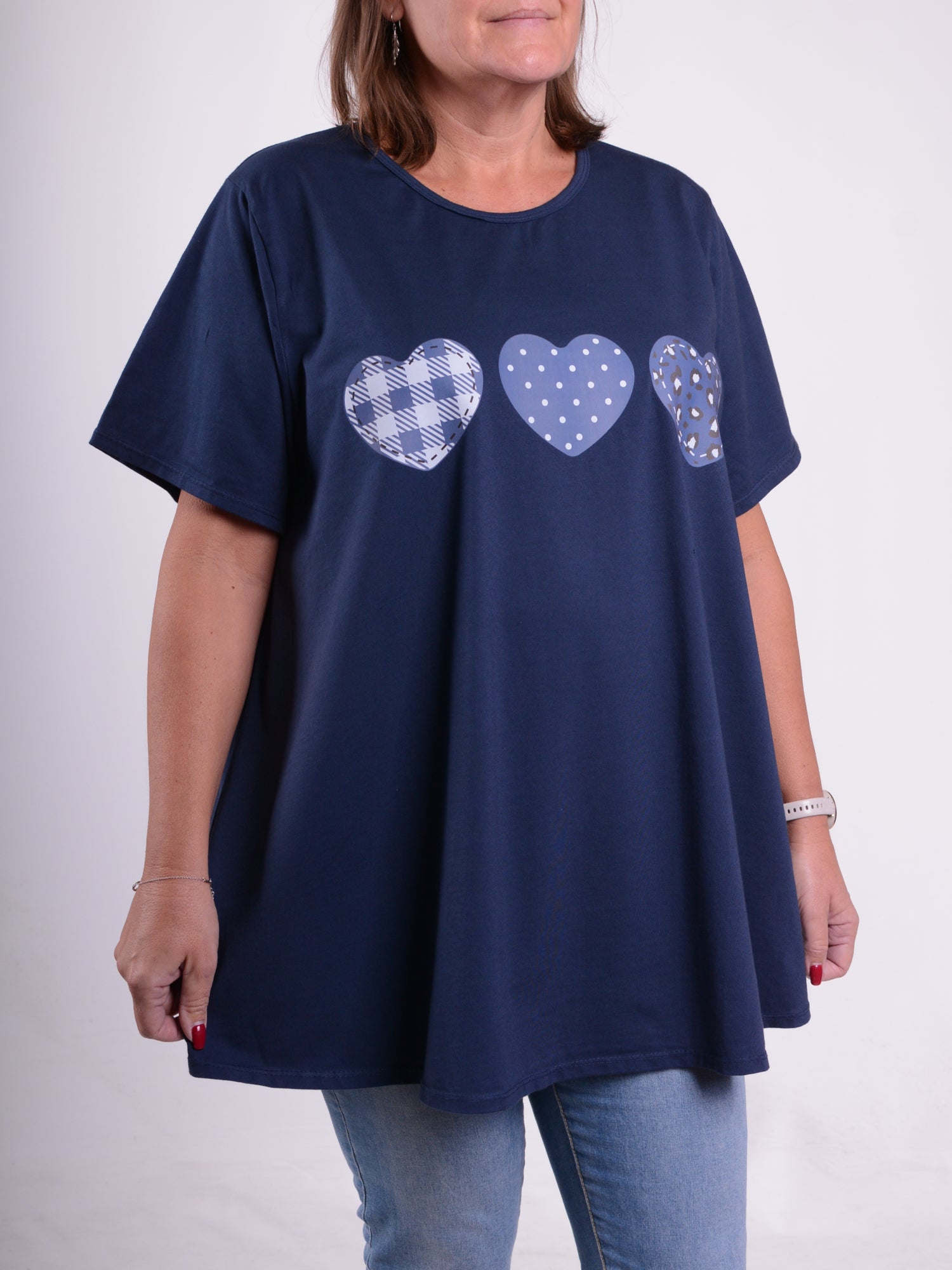 Three Hearts T Shirt - 10516 HEARTS, , Pure Plus Clothing, Lagenlook Clothing, Plus Size Fashion, Over 50 Fashion