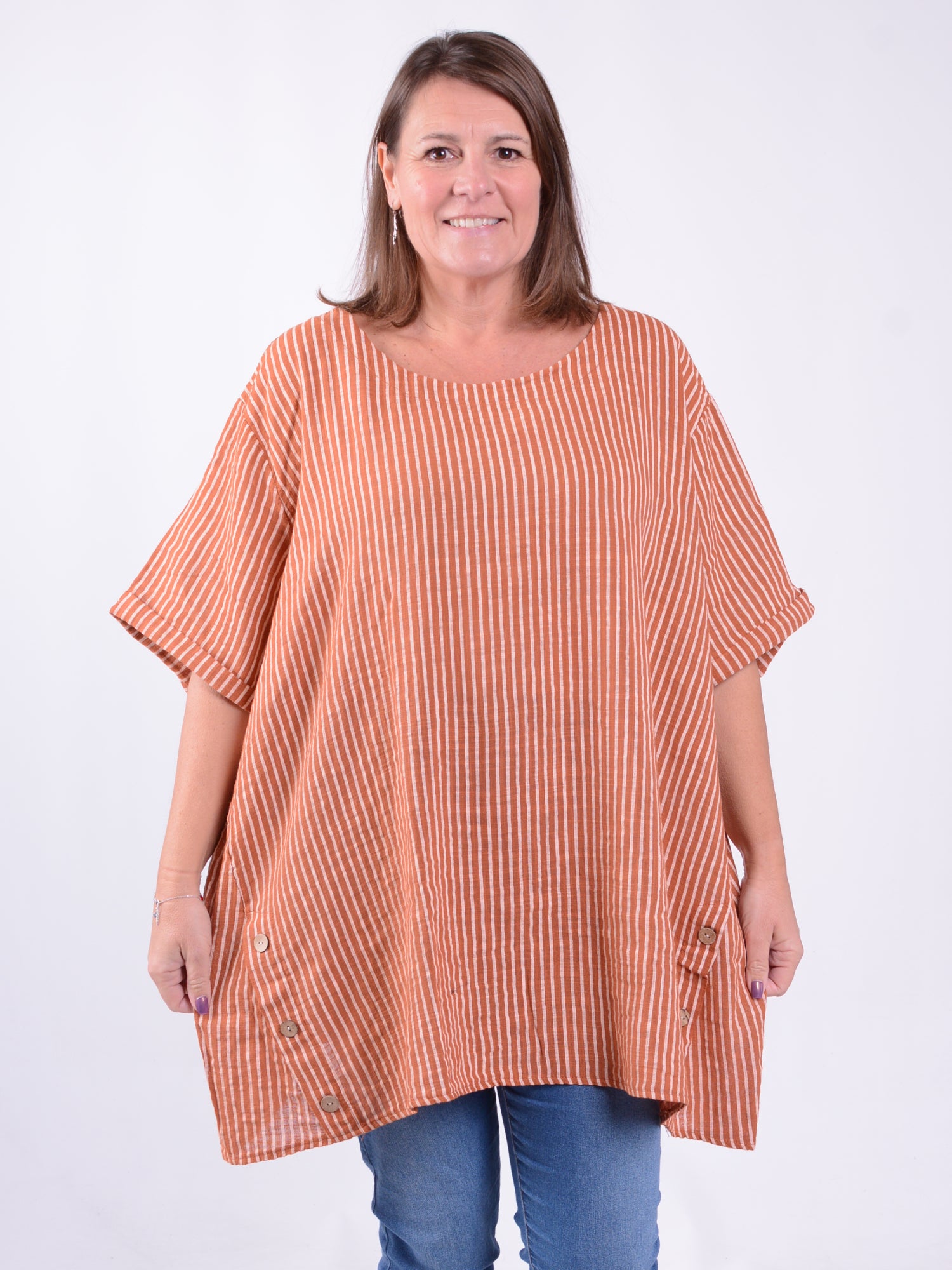 Lagenlook Stripe Cotton Button Tunic - 11684, , Pure Plus Clothing, Lagenlook Clothing, Plus Size Fashion, Over 50 Fashion