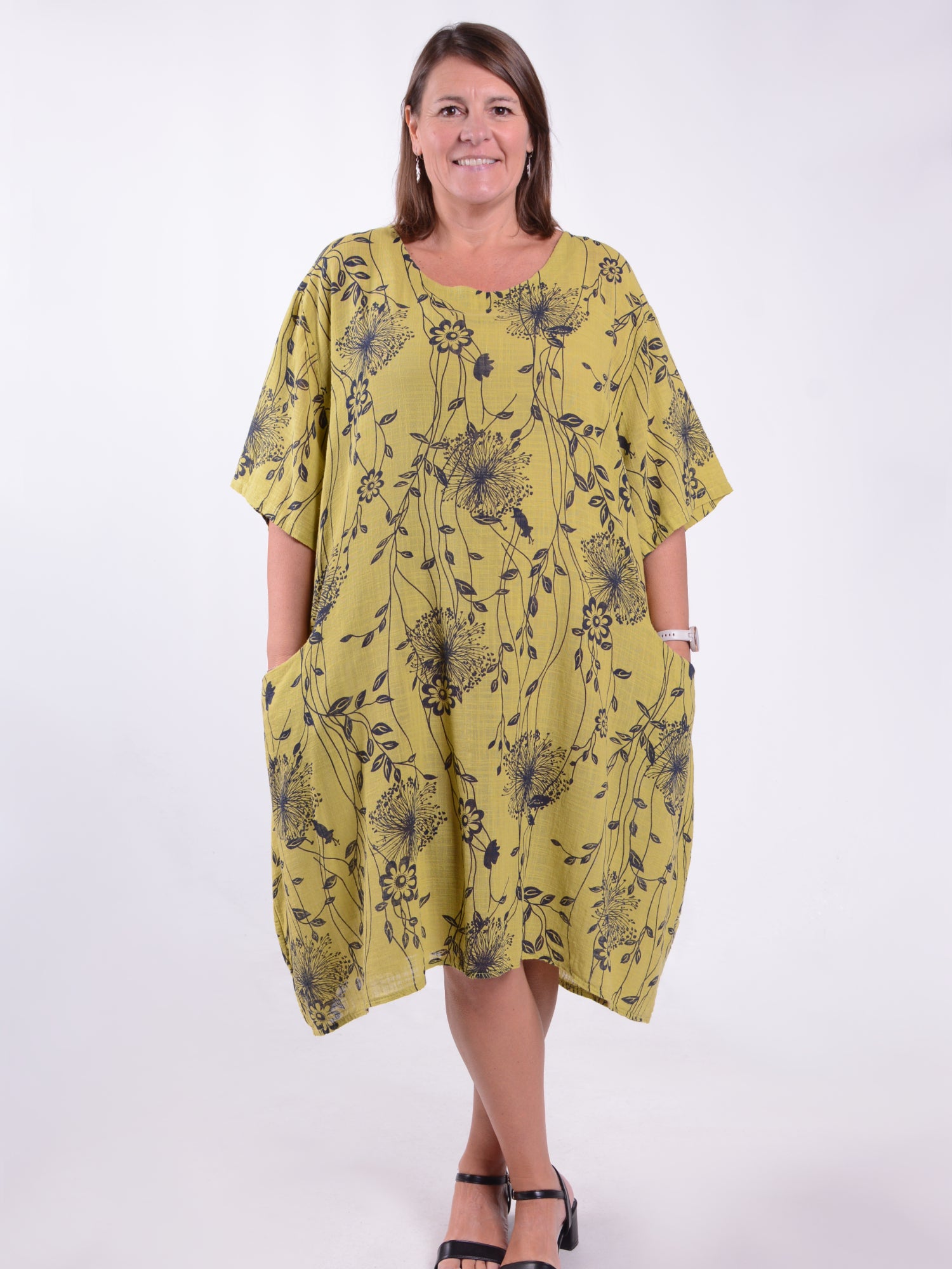 Lagenlook Lightweight Dandelion Cotton Dress with pockets - 12232, , Pure Plus Clothing, Lagenlook Clothing, Plus Size Fashion, Over 50 Fashion