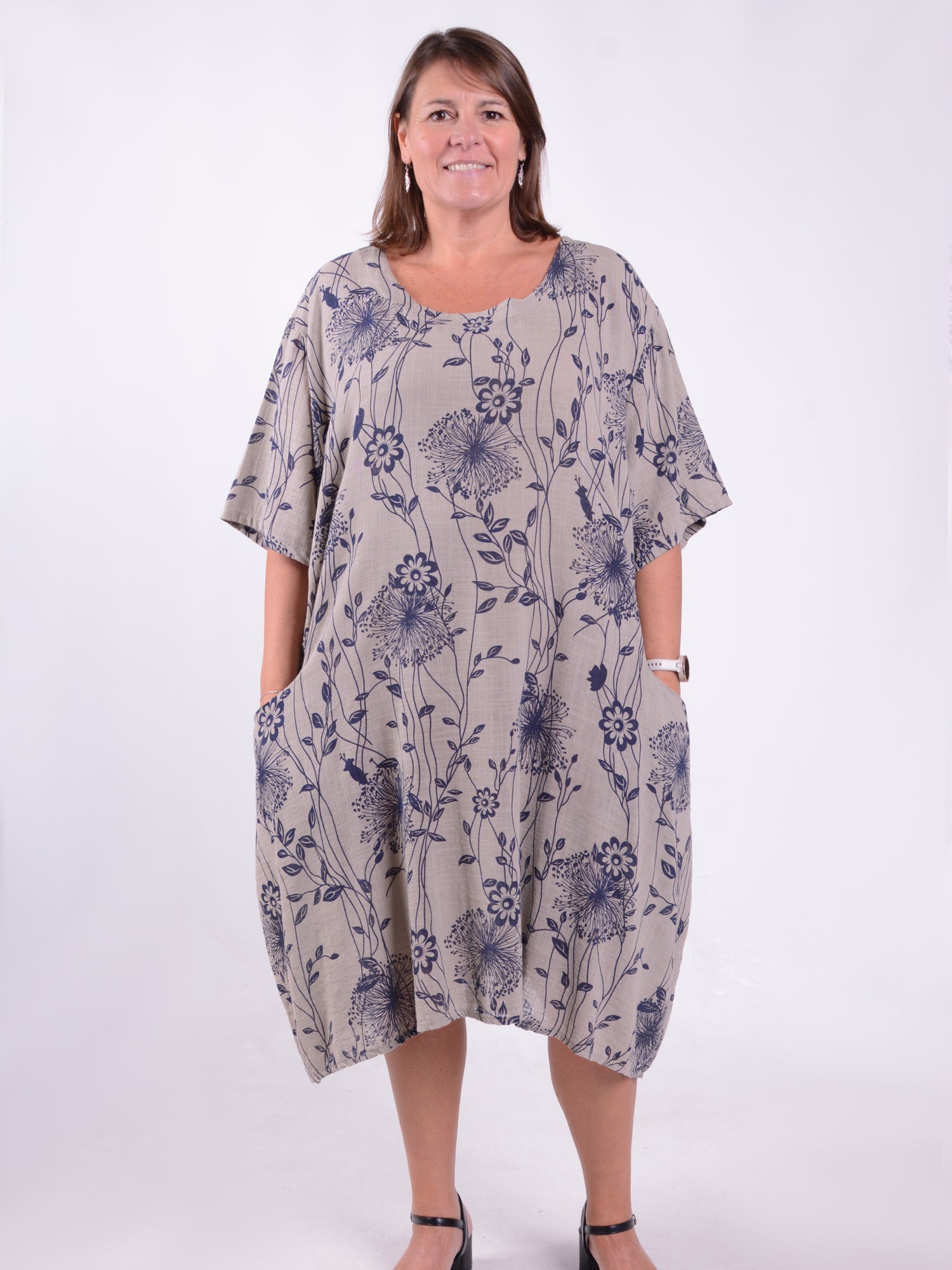 Lagenlook Lightweight Dandelion Cotton Dress with pockets - 12232, , Pure Plus Clothing, Lagenlook Clothing, Plus Size Fashion, Over 50 Fashion
