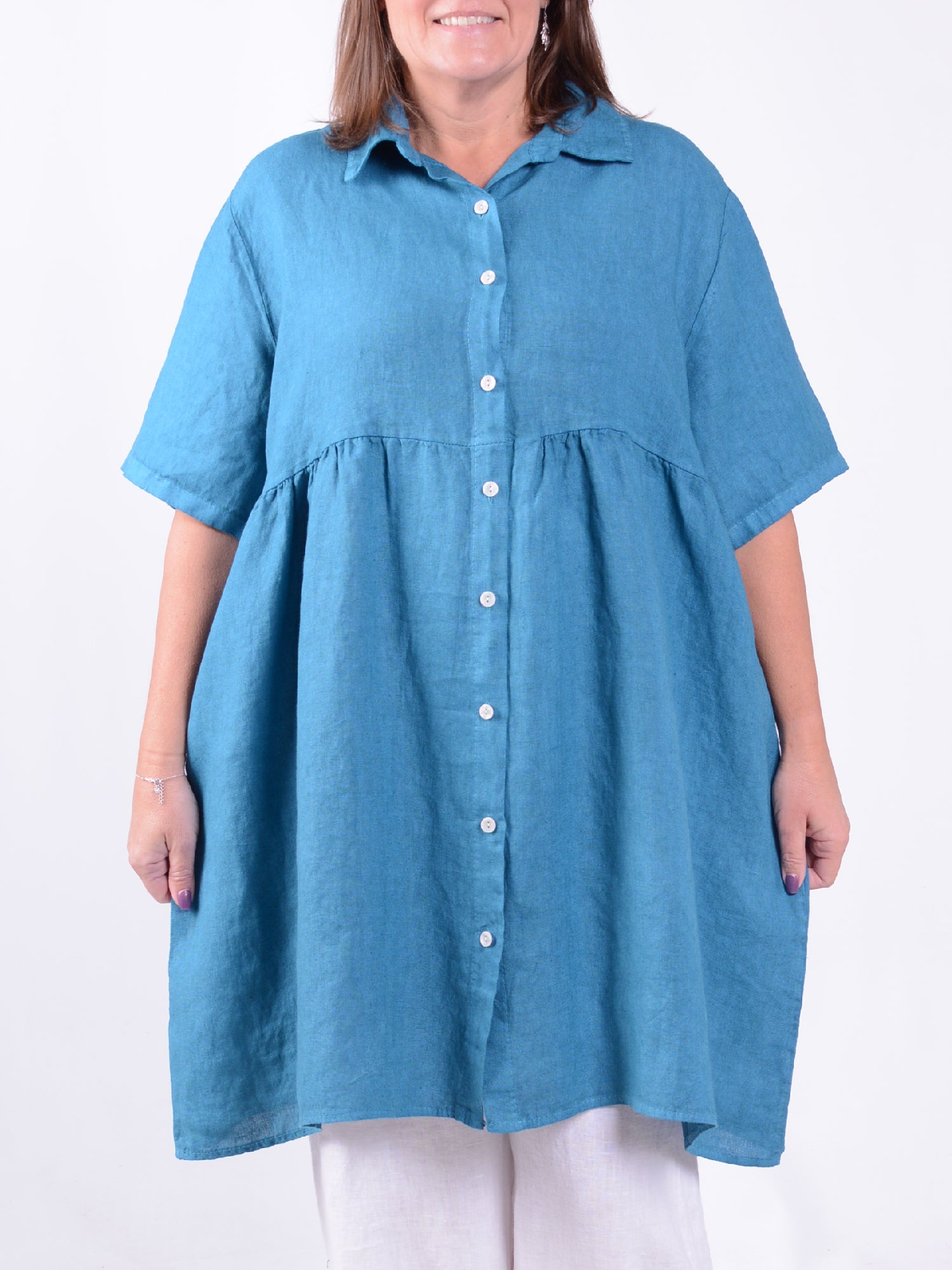 Linen Button Through Tunic Dress - 13150, , Pure Plus Clothing, Lagenlook Clothing, Plus Size Fashion, Over 50 Fashion