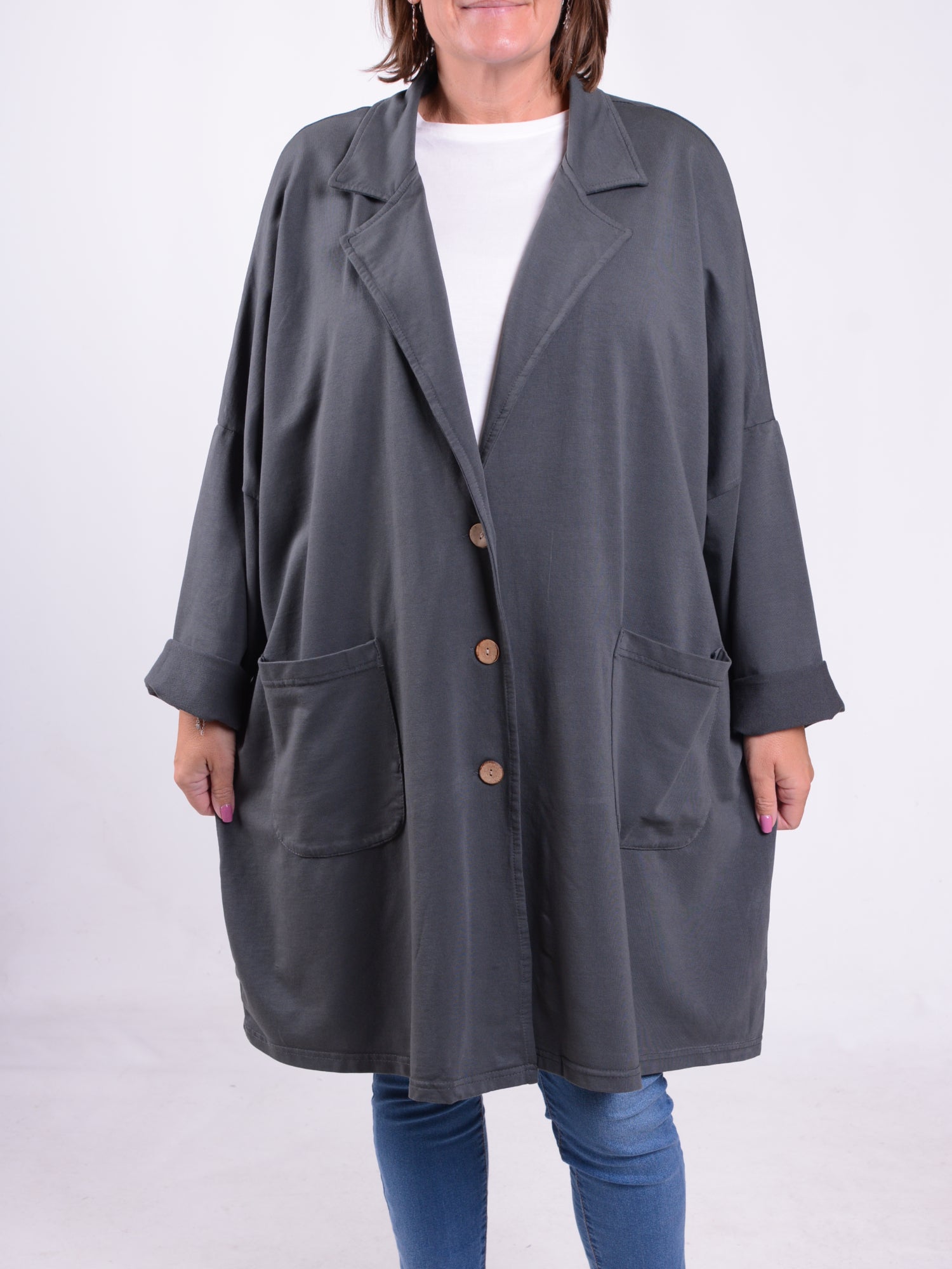 Lagenlook Jersey Cotton Collared Jacket - 13189, , Pure Plus Clothing, Lagenlook Clothing, Plus Size Fashion, Over 50 Fashion