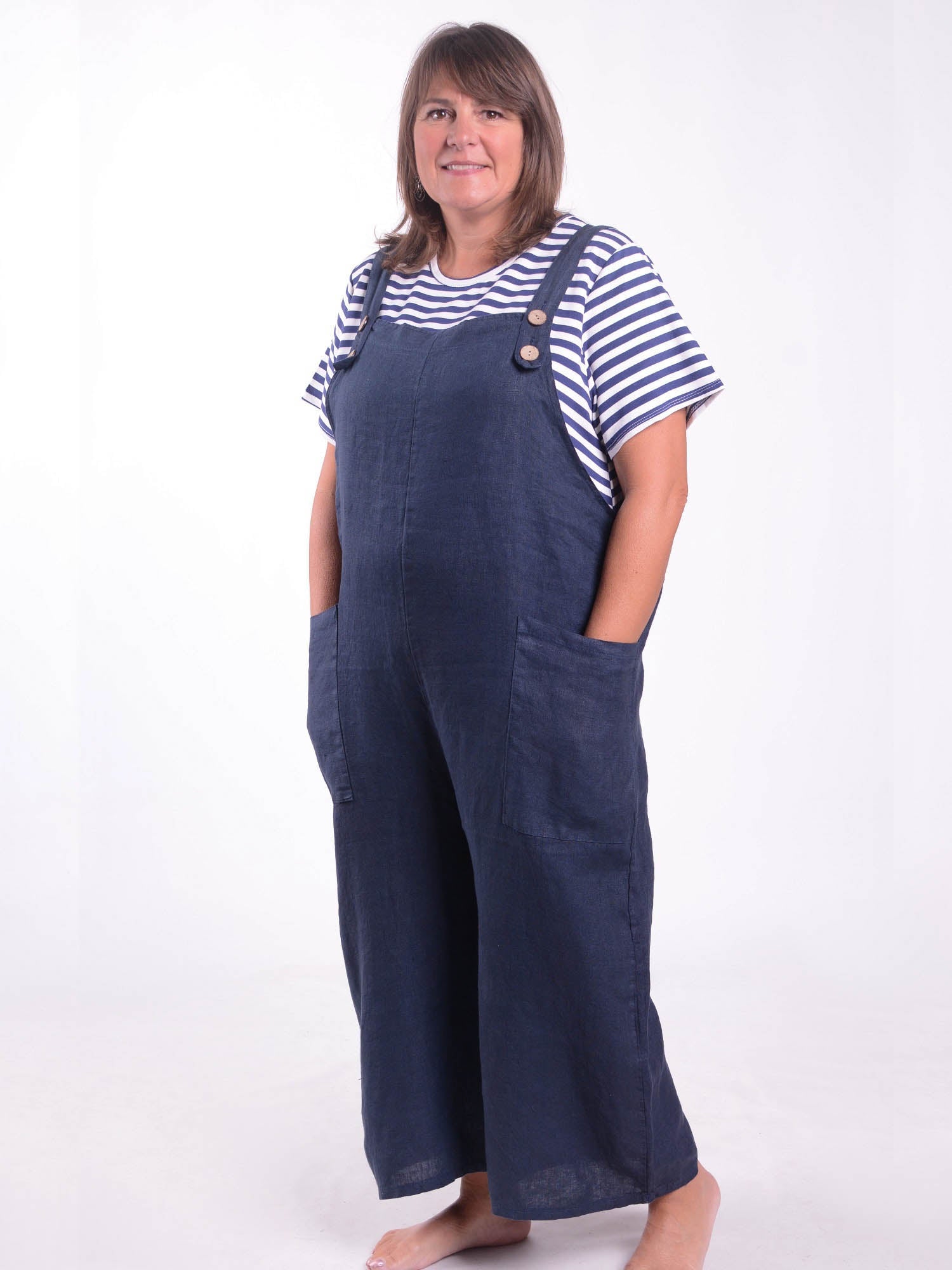 Lagenlook Linen Dungarees 9251 Size 1 18 20 22 Navy Blue