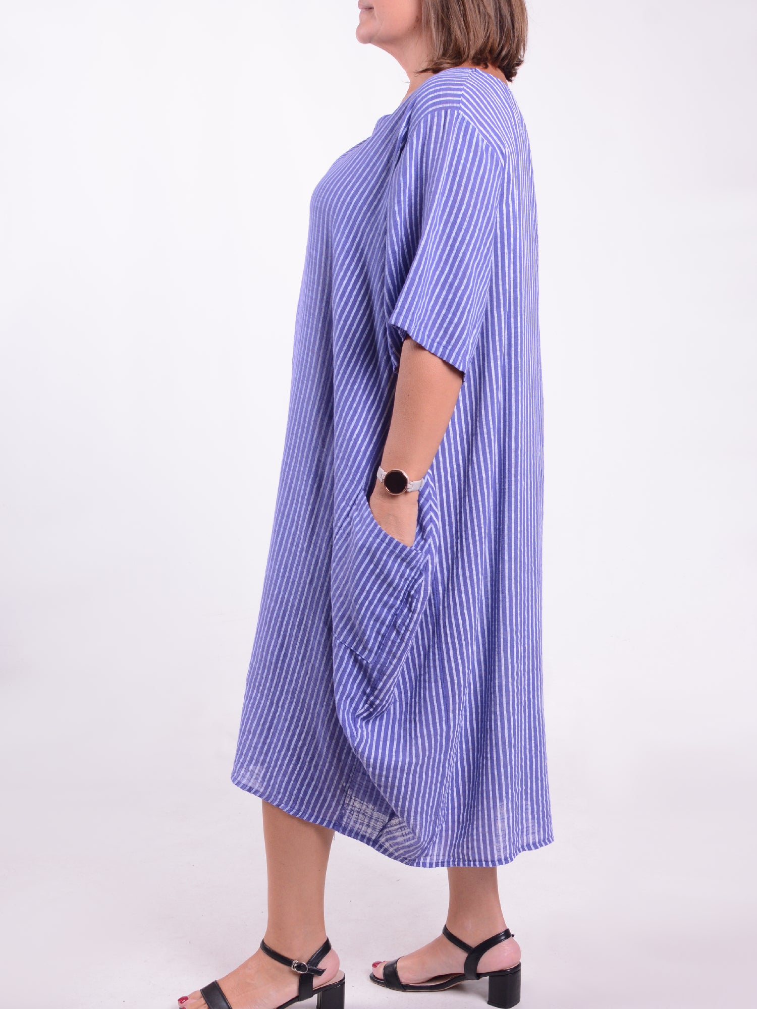 Striped Cotton Parachute Dress With Pockets - 9215 Stripe, Dresses, Pure Plus Clothing, Lagenlook Clothing, Plus Size Fashion, Over 50 Fashion