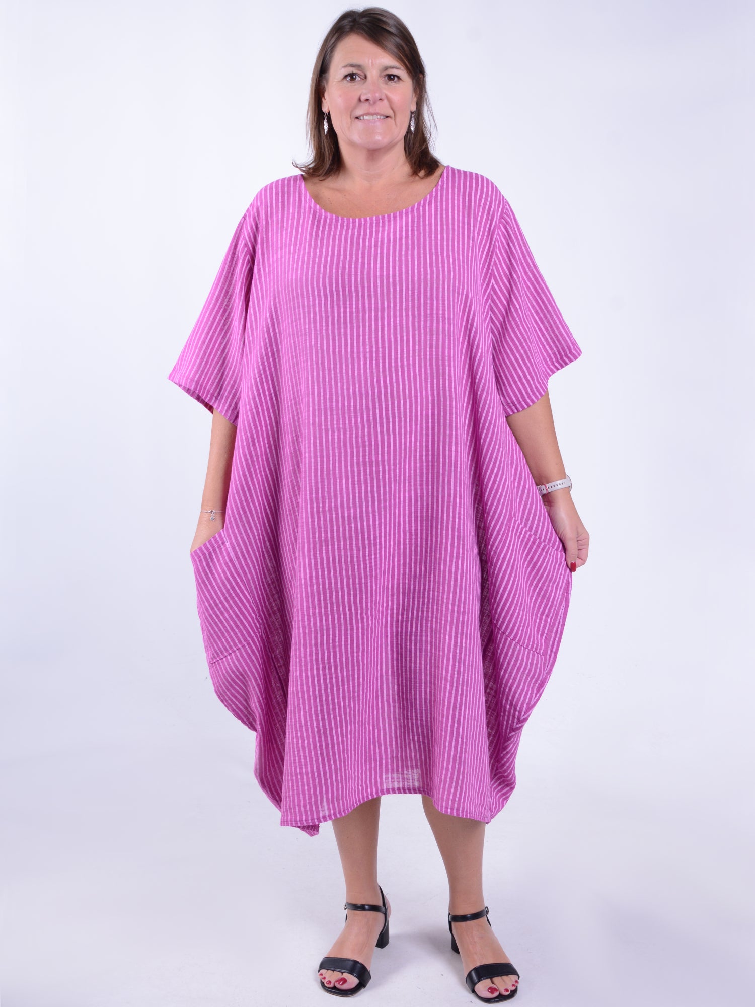 Striped Cotton Parachute Dress With Pockets - 9215 Stripe, Dresses, Pure Plus Clothing, Lagenlook Clothing, Plus Size Fashion, Over 50 Fashion
