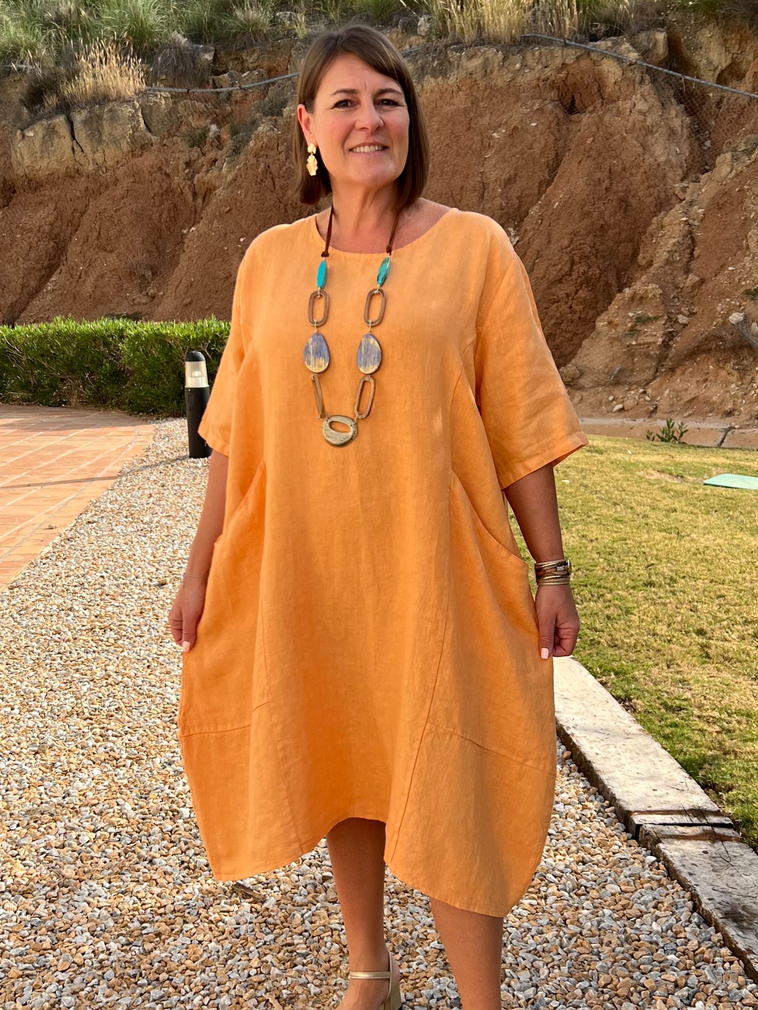 Linen Midi Dress with Pockets - 9451, , Pure Plus Clothing, Lagenlook Clothing, Plus Size Fashion, Over 50 Fashion