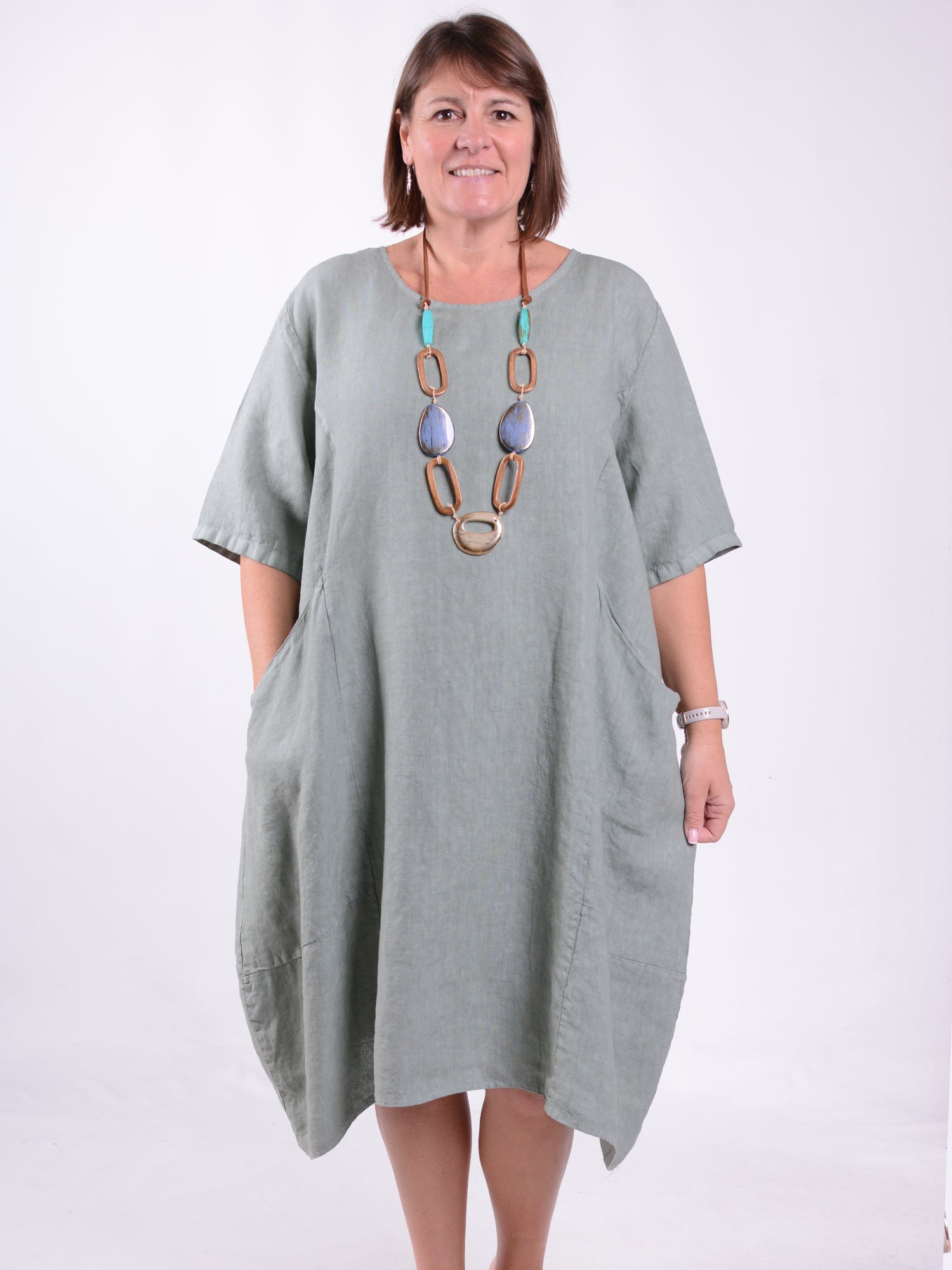 Linen Midi Dress with Pockets, , Pure Plus Clothing, Lagenlook Clothing, Plus Size Fashion, Over 50 Fashion