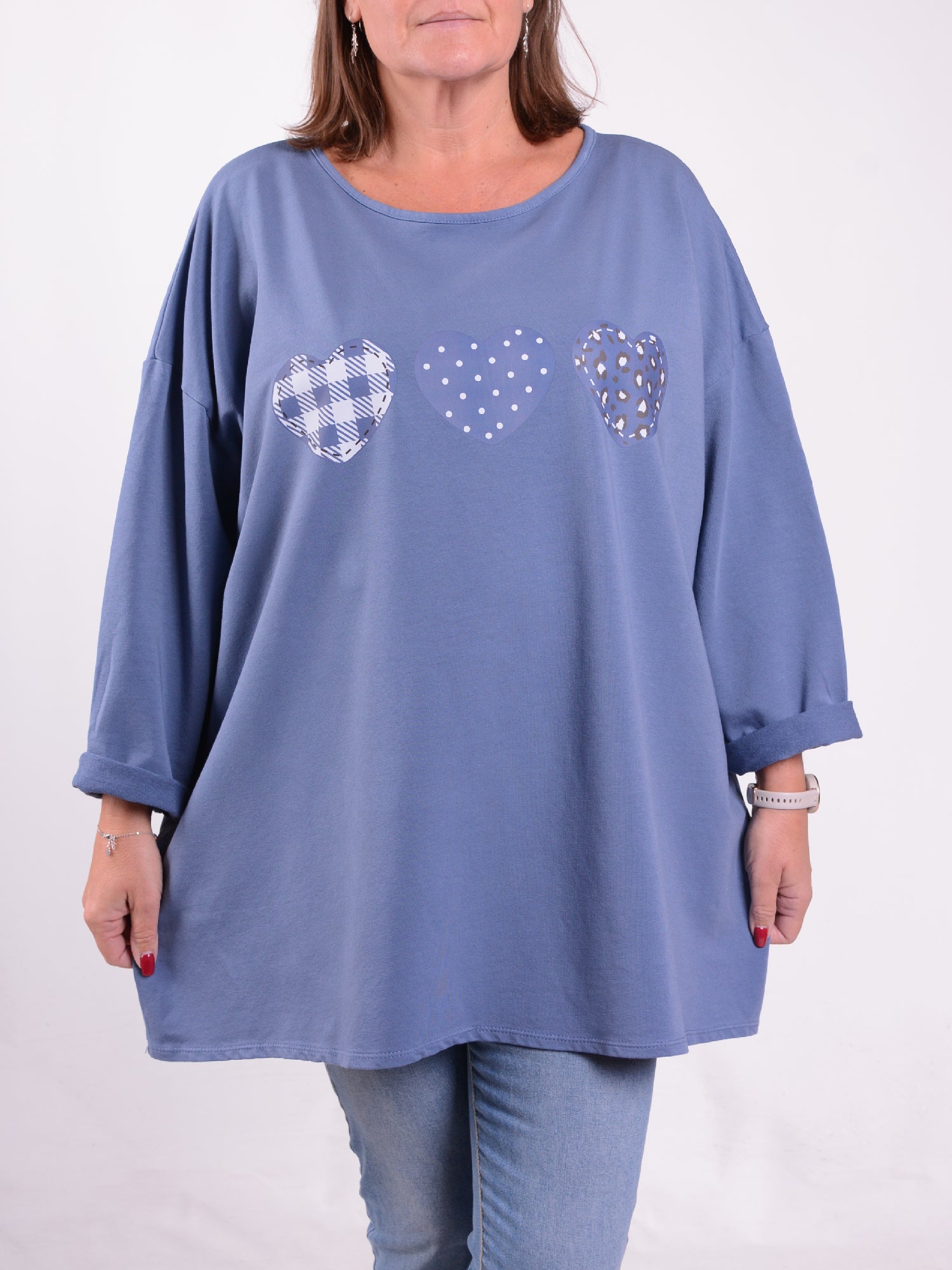 Sweatshirt with Pink Hearts Print - 9482HP, Tops & Shirts, Pure Plus Clothing, Lagenlook Clothing, Plus Size Fashion, Over 50 Fashion