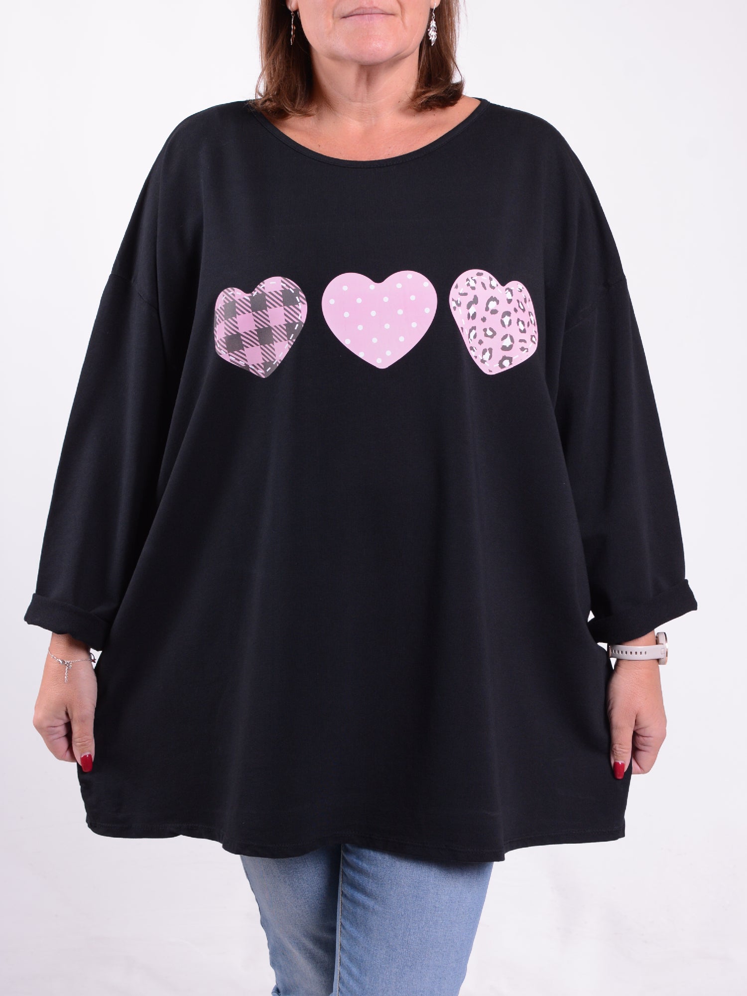 Sweatshirt with Pink Hearts Print - 9482HP, Tops & Shirts, Pure Plus Clothing, Lagenlook Clothing, Plus Size Fashion, Over 50 Fashion