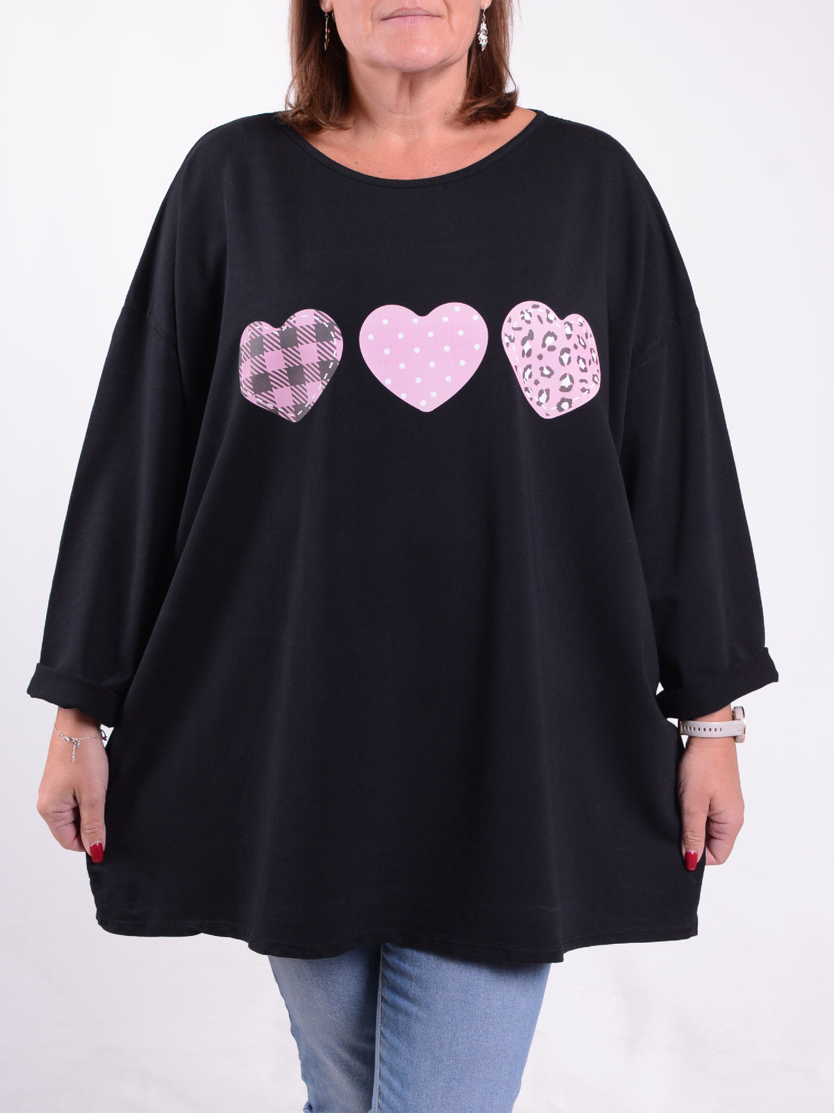 Sweatshirt with Pink Hearts Print - 9482HP, Tops & Shirts, Pure Plus Clothing, Lagenlook Clothing, Plus Size Fashion, Over 50 Fashion