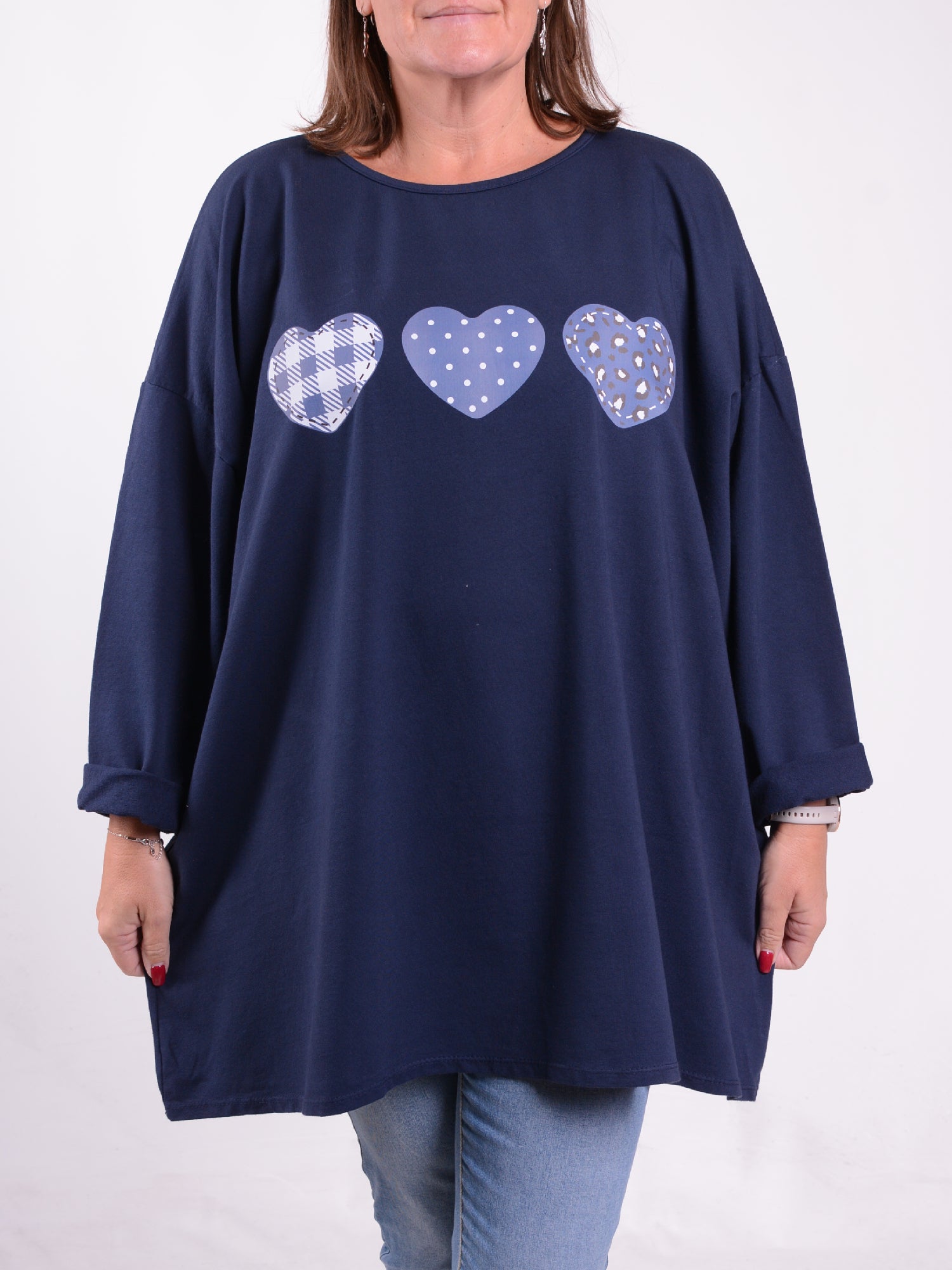 Sweatshirt with Pink Hearts Print - 9482HP, Tops & Shirts, Pure Plus Clothing, Lagenlook Clothing, Plus Size Fashion, Over 50 Fashion