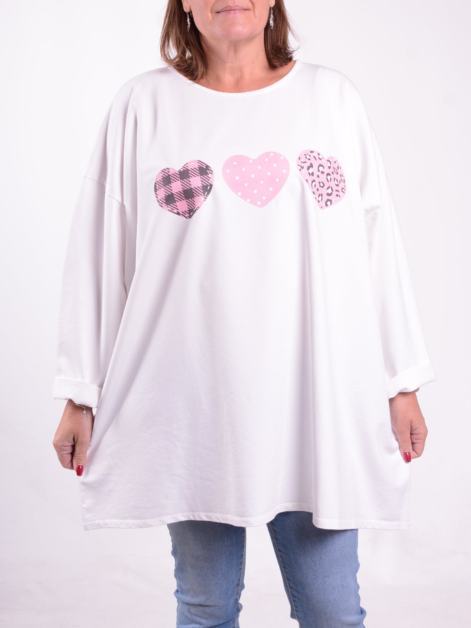 Sweatshirt with Pink Hearts Print - 9482HP, Tops & Shirts, Pure Plus Clothing, Lagenlook Clothing, Plus Size Fashion, Over 50 Fashion