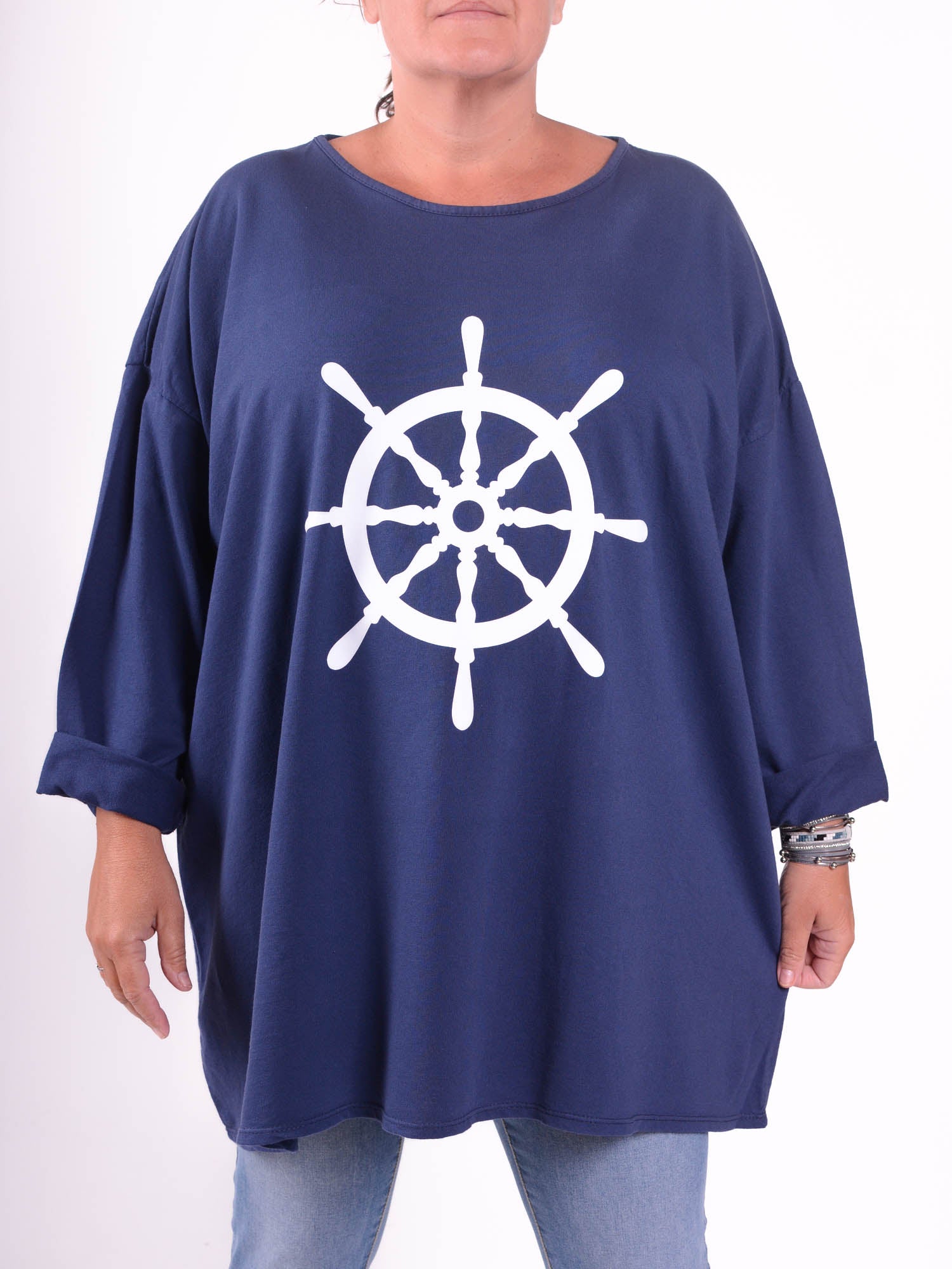 Basic Oversized Top with Nautical Wheel Print - 9482 Wheel, Tops & Shirts, Pure Plus Clothing, Lagenlook Clothing, Plus Size Fashion, Over 50 Fashion