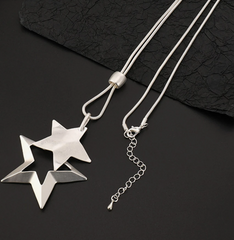 Lagenlook Statement Necklace Double Silver Star Long Chain - STARS6, Necklaces & Pendants, Pure Plus Clothing, Lagenlook Clothing, Plus Size Fashion, Over 50 Fashion