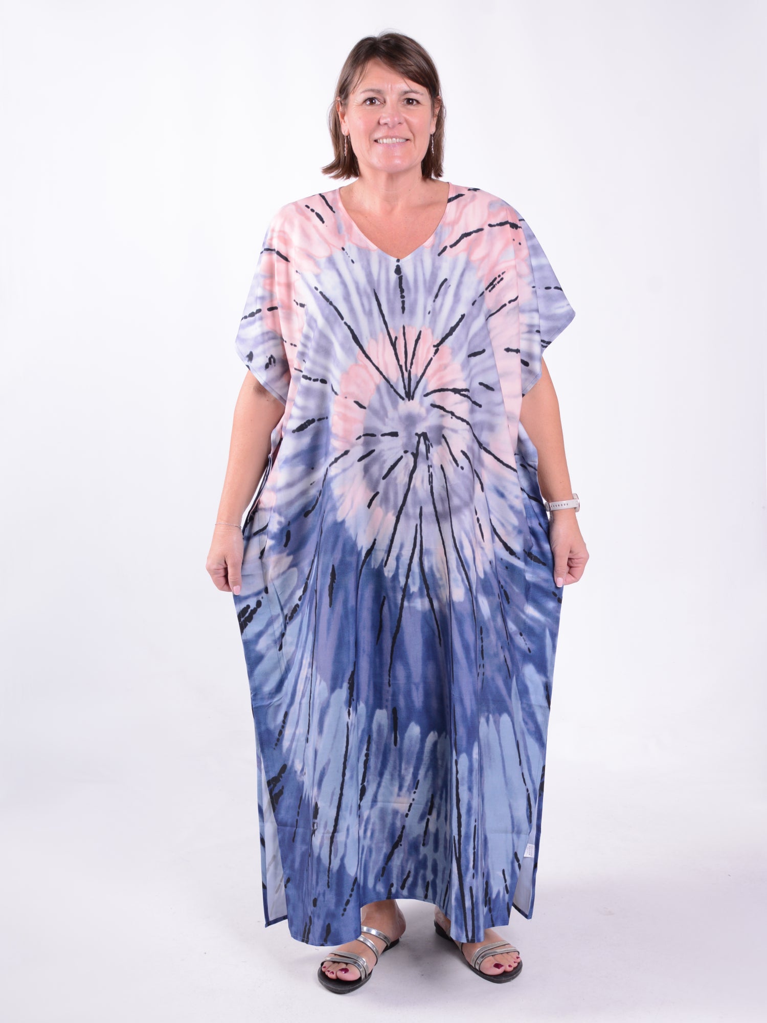 Blush & Indigo Tie-Dye Maxi Kaftan - KAF29, , Pure Plus Clothing, Lagenlook Clothing, Plus Size Fashion, Over 50 Fashion