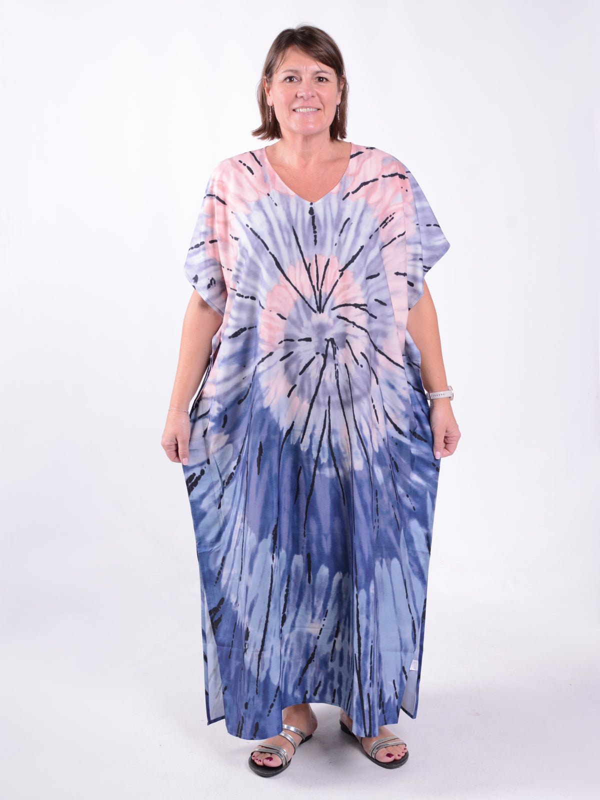 Blush & Indigo Tie-Dye Maxi Kaftan - KAF29, , Pure Plus Clothing, Lagenlook Clothing, Plus Size Fashion, Over 50 Fashion