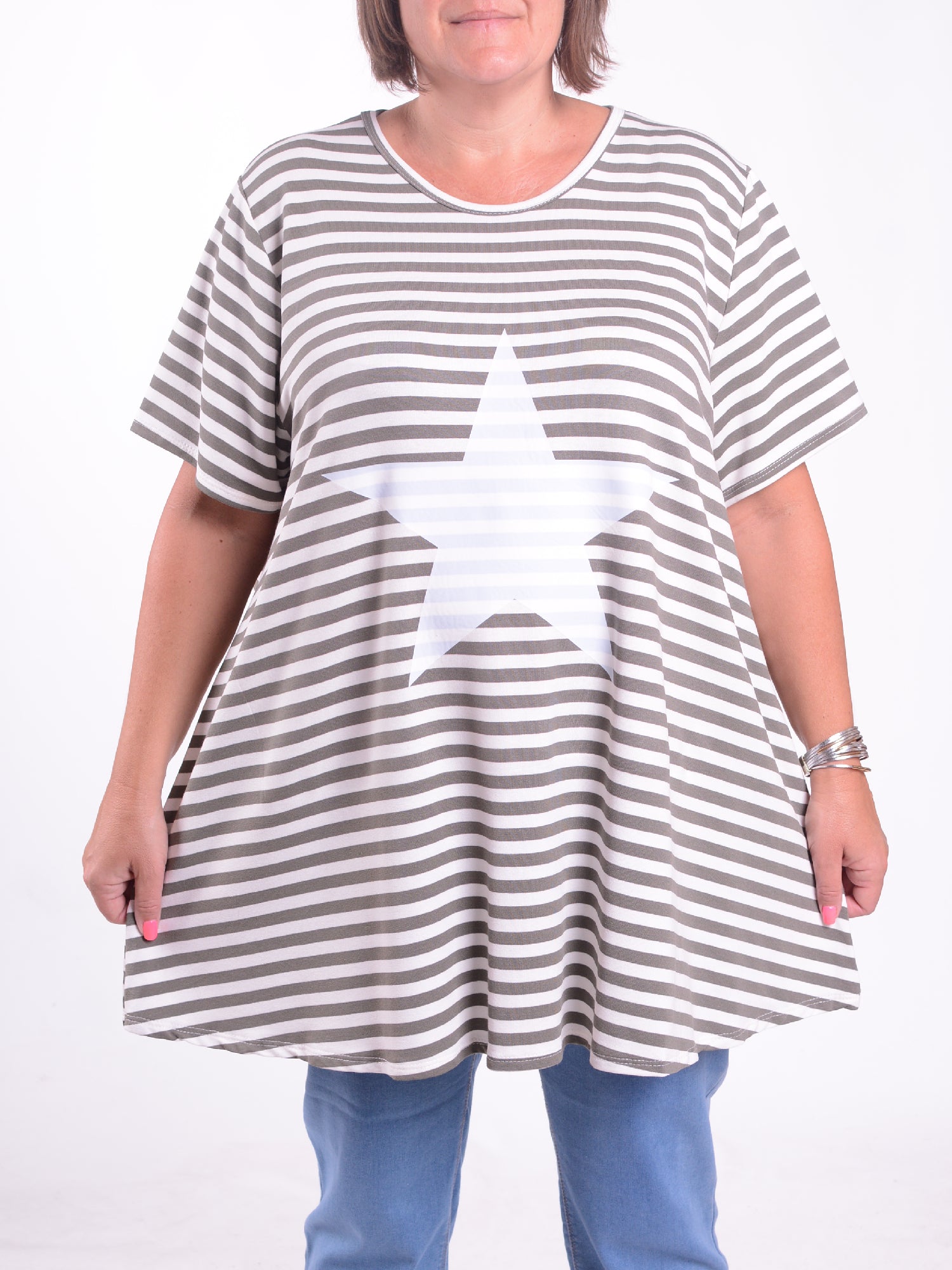 Striped Star Cotton Swing T Shirt -  10516 STRIPE STAR, Tops & Shirts, Pure Plus Clothing, Lagenlook Clothing, Plus Size Fashion, Over 50 Fashion