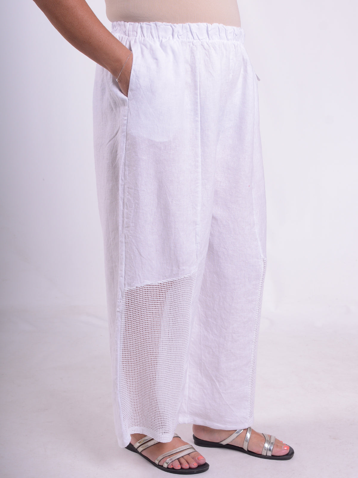 Wide Leg Linen Trousers with Detail - 13103