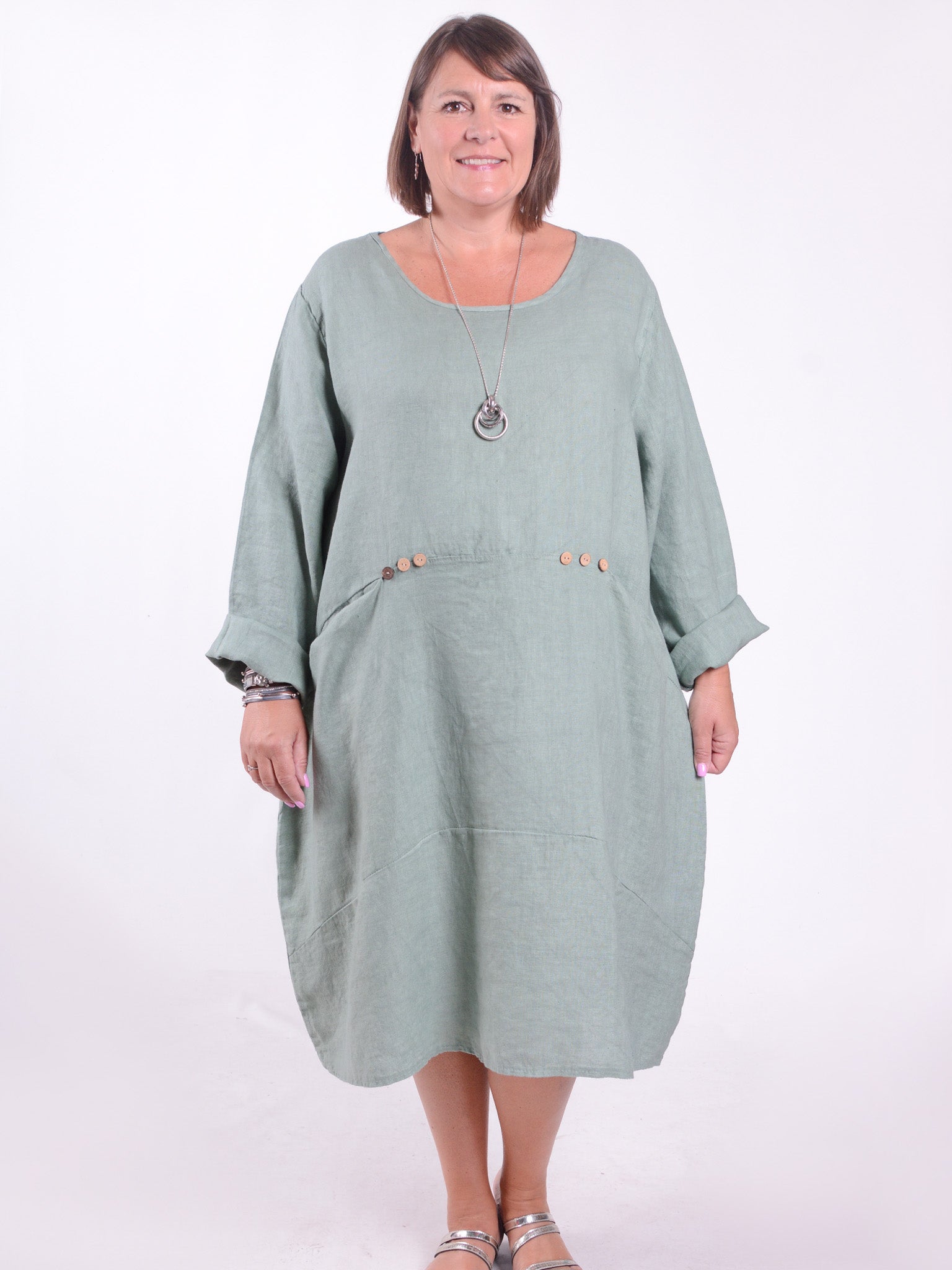 Lagenlook Linen Dress with Buttons and Pockets - 8867 - Sage Green / Size 1 - 16 18 20 22 24 Lagenlook Linen Dress with Buttons and Pockets - 8867 - Sage Green / Size 1 - 16 18 20 22 24