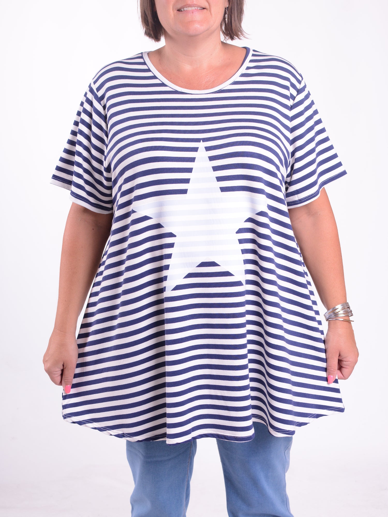 Striped Star Cotton Swing T Shirt -  10516 STRIPE STAR, Tops & Shirts, Pure Plus Clothing, Lagenlook Clothing, Plus Size Fashion, Over 50 Fashion