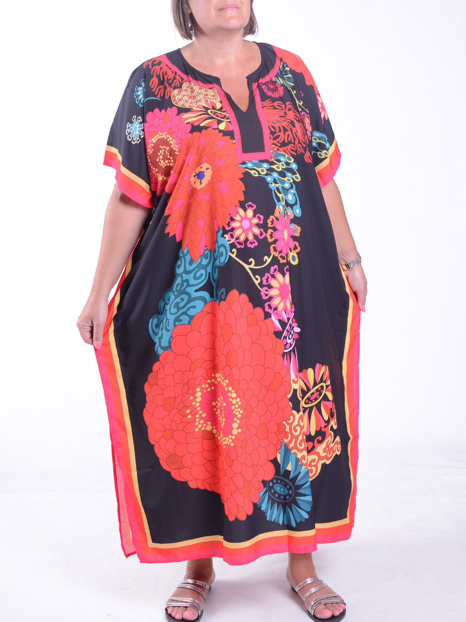 Black Floral Kaftan - KAF9, , Pure Plus Clothing, Lagenlook Clothing, Plus Size Fashion, Over 50 Fashion