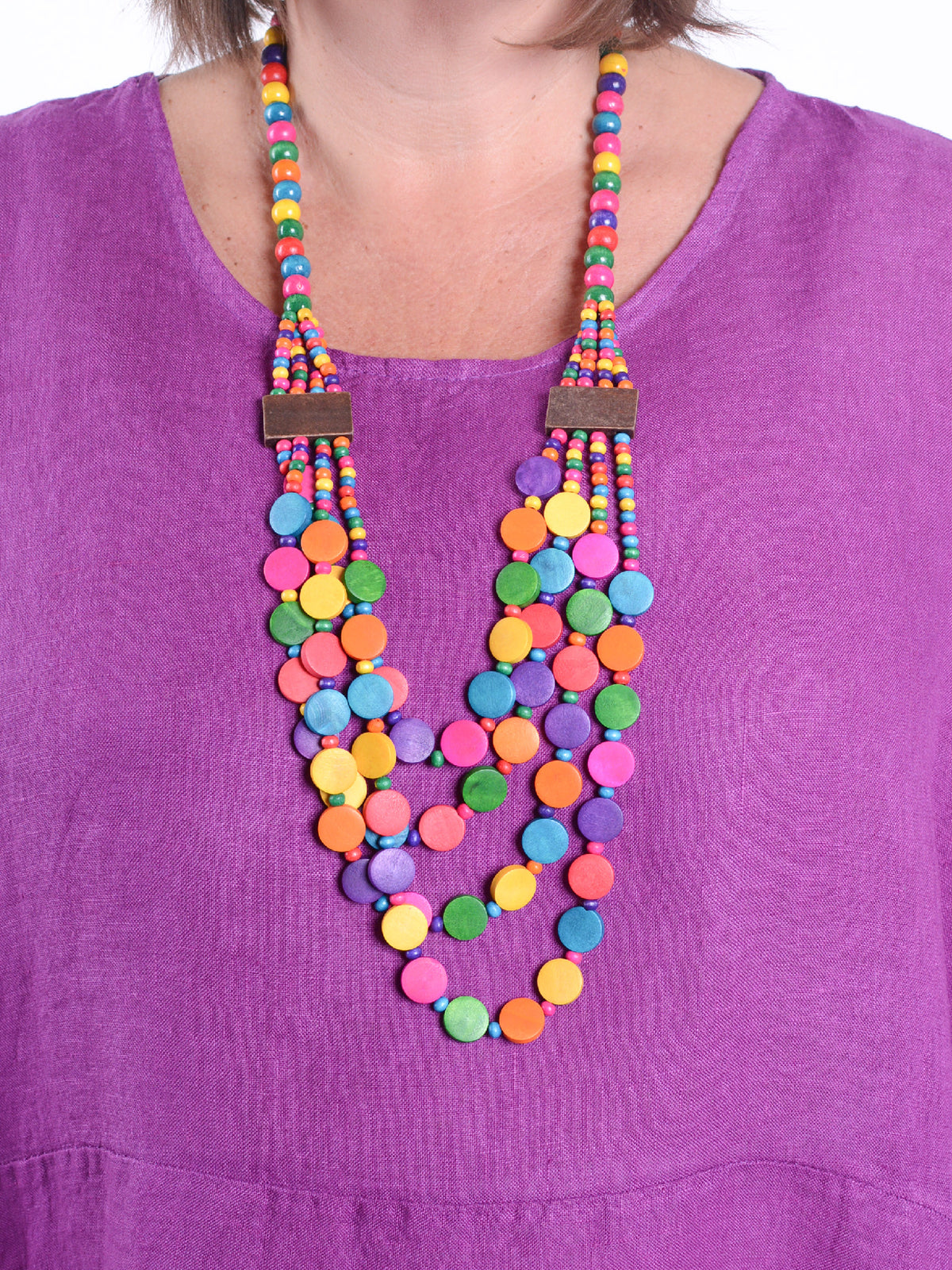 Lagenlook Multicoloured Multi layered Wooden Necklace - PURE3