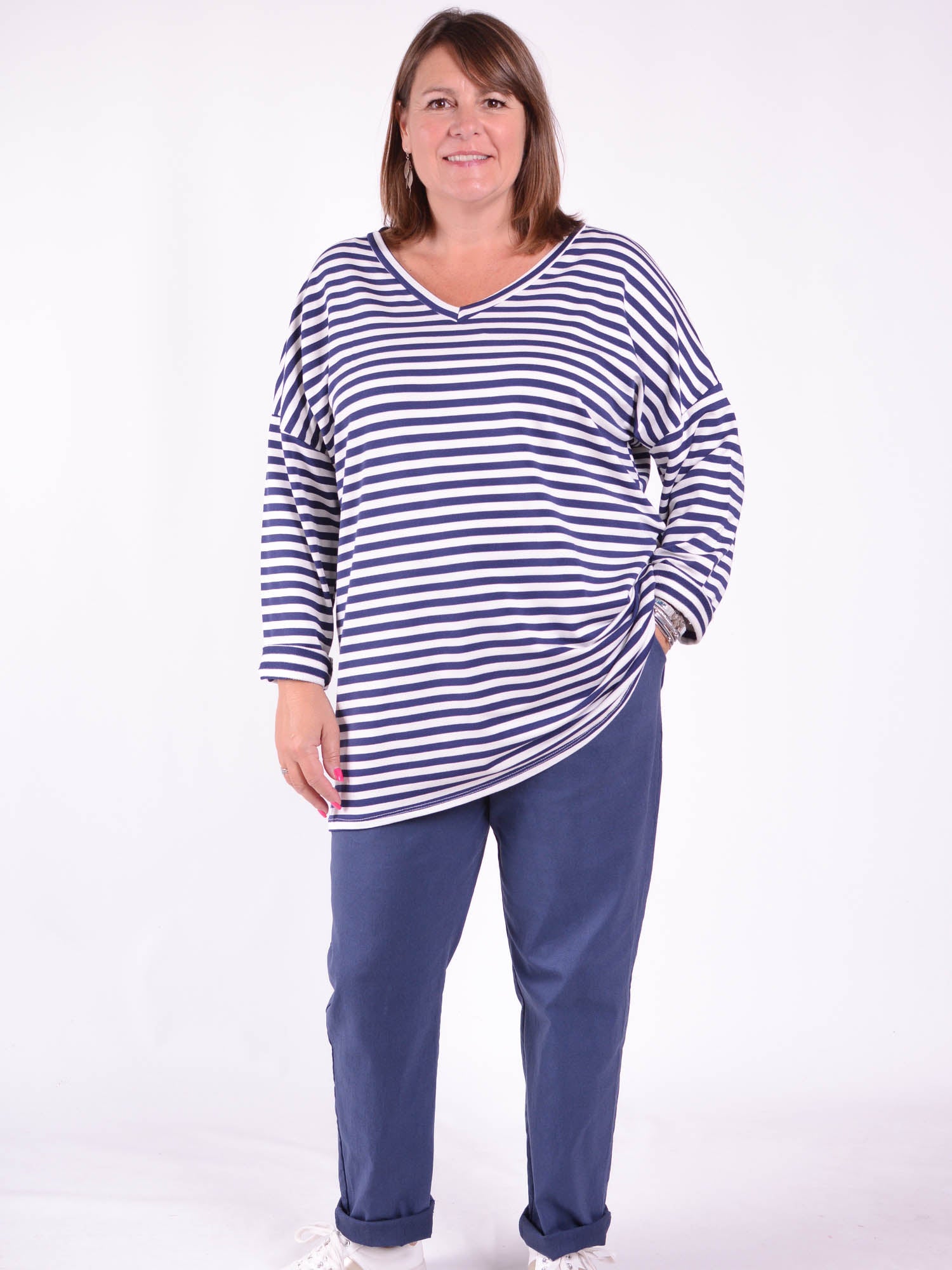 Striped V Neck Top - 11894, , Pure Plus Clothing, Lagenlook Clothing, Plus Size Fashion, Over 50 Fashion