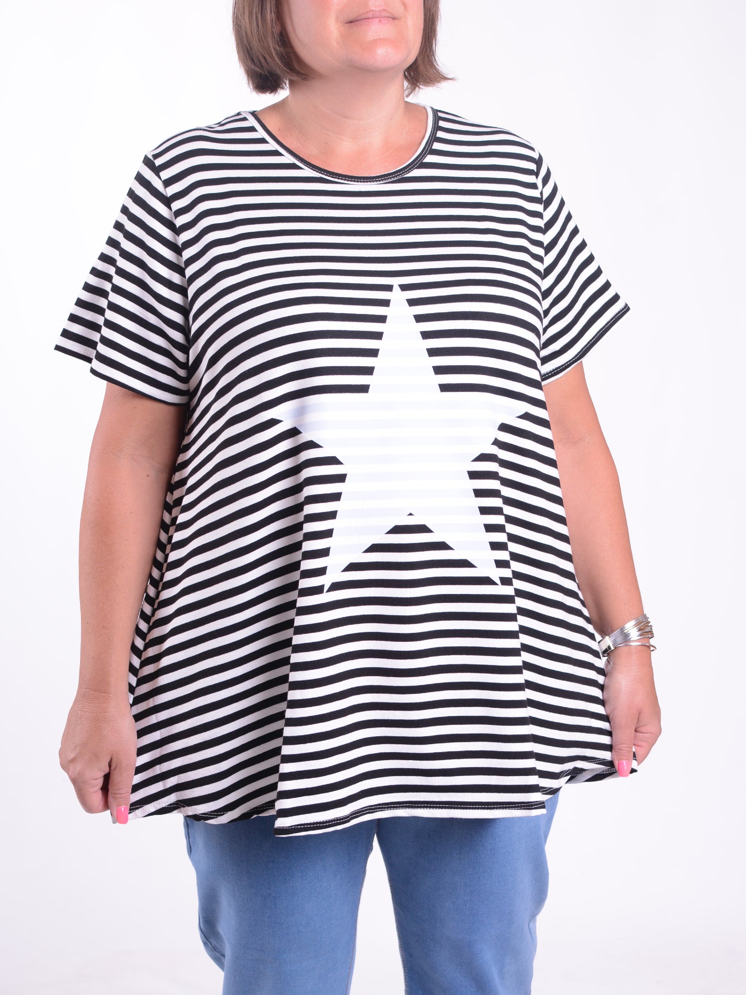 Striped Star Cotton Swing T Shirt -  10516 STRIPE STAR, Tops & Shirts, Pure Plus Clothing, Lagenlook Clothing, Plus Size Fashion, Over 50 Fashion