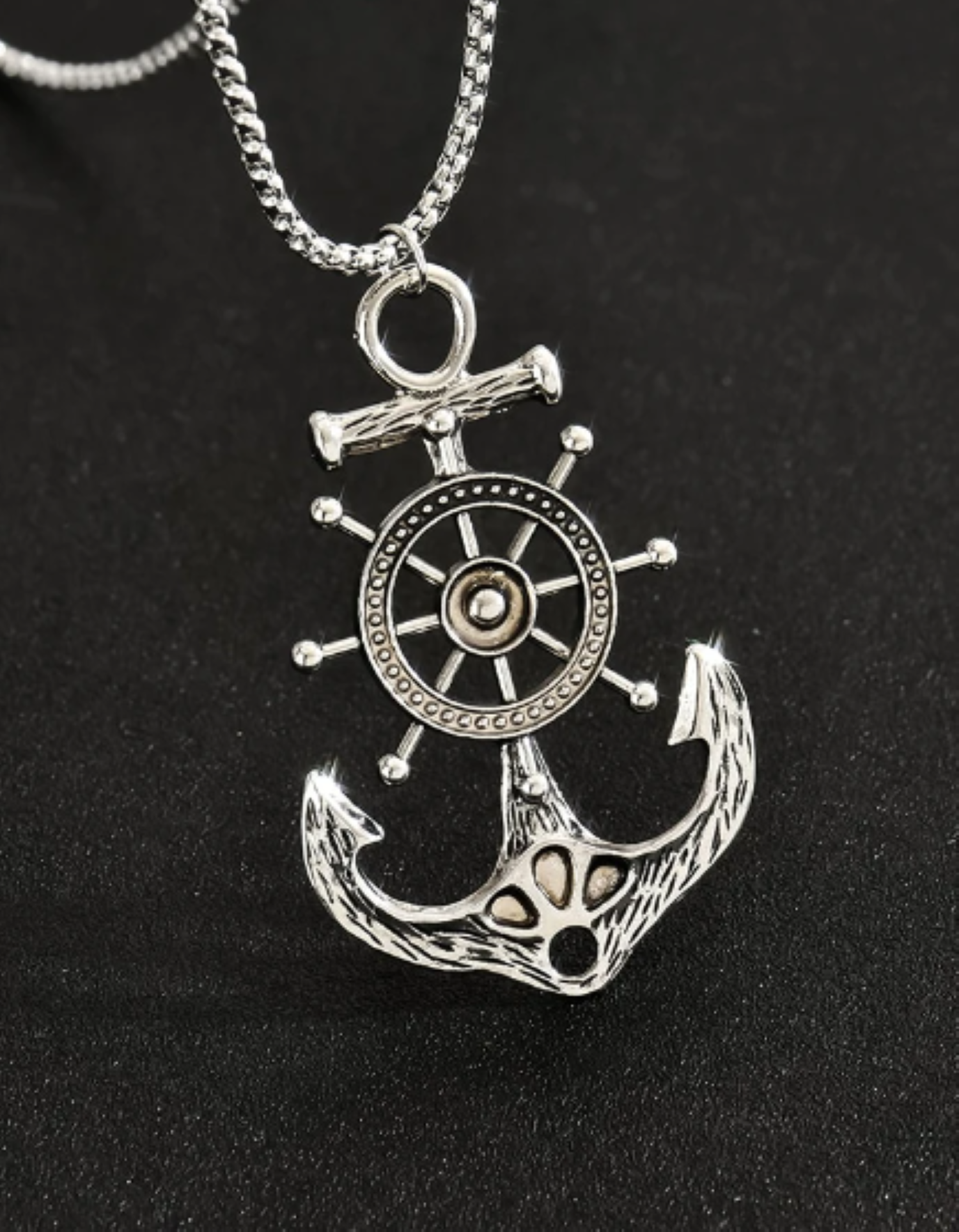 Silver Nautical Anchor and Wheel Necklace - NAU5, , Pure Plus Clothing, Lagenlook Clothing, Plus Size Fashion, Over 50 Fashion