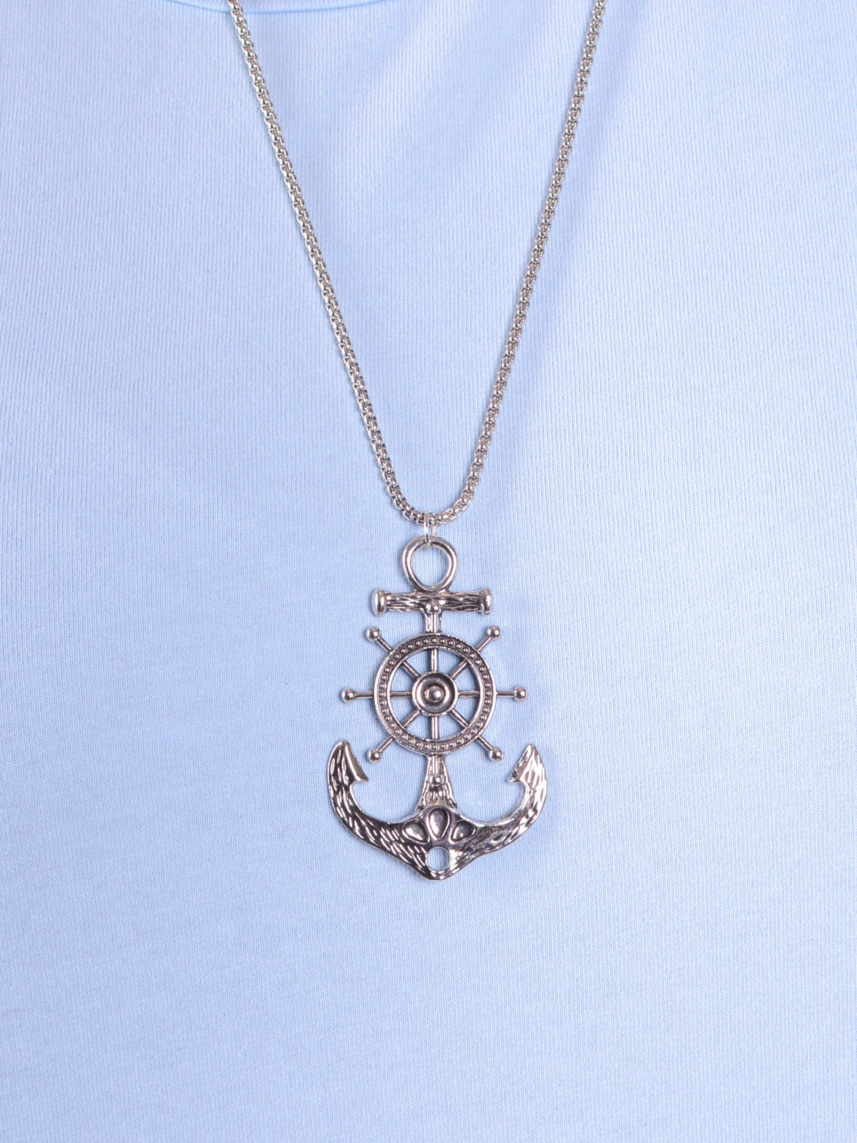 Silver Nautical Anchor and Wheel Necklace - NAU5, , Pure Plus Clothing, Lagenlook Clothing, Plus Size Fashion, Over 50 Fashion
