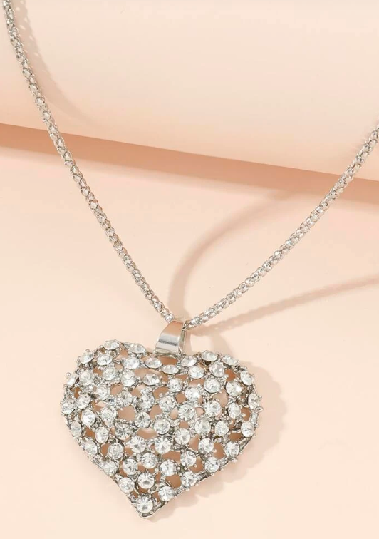 Rhinestone Heart Long Necklace Silver 6484