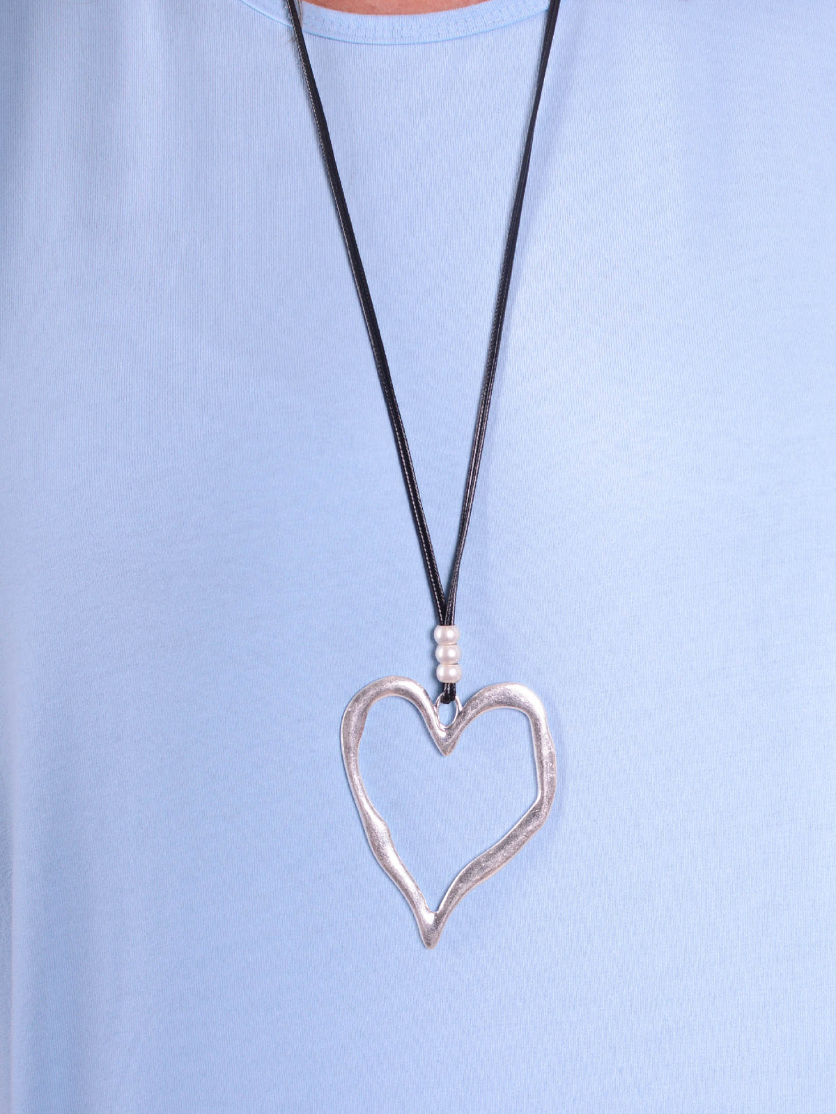 Long Silver Heart Necklace Black Cord - HEART6, Necklaces & Pendants, Pure Plus Clothing, Lagenlook Clothing, Plus Size Fashion, Over 50 Fashion