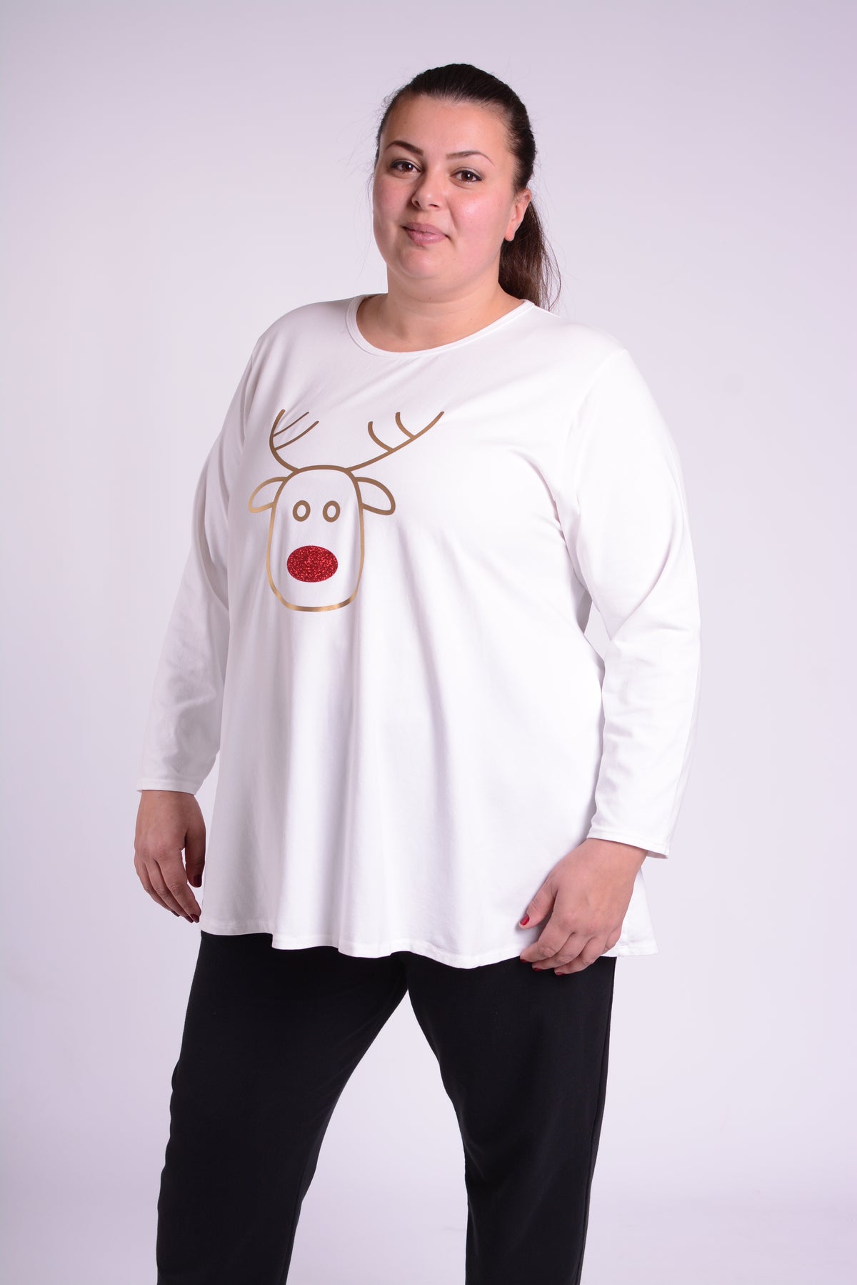 Basic Long Sleeve Swing Top - RUDOLPH GLITTER NOSE - 20516, , Pure Plus Clothing, Lagenlook Clothing, Plus Size Fashion, Over 50 Fashion