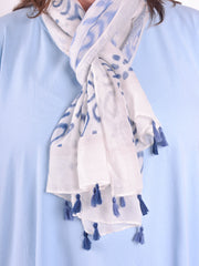 Tassel Scarf Blue and White - NA1, scarf, Pure Plus Clothing, Lagenlook Clothing, Plus Size Fashion, Over 50 Fashion