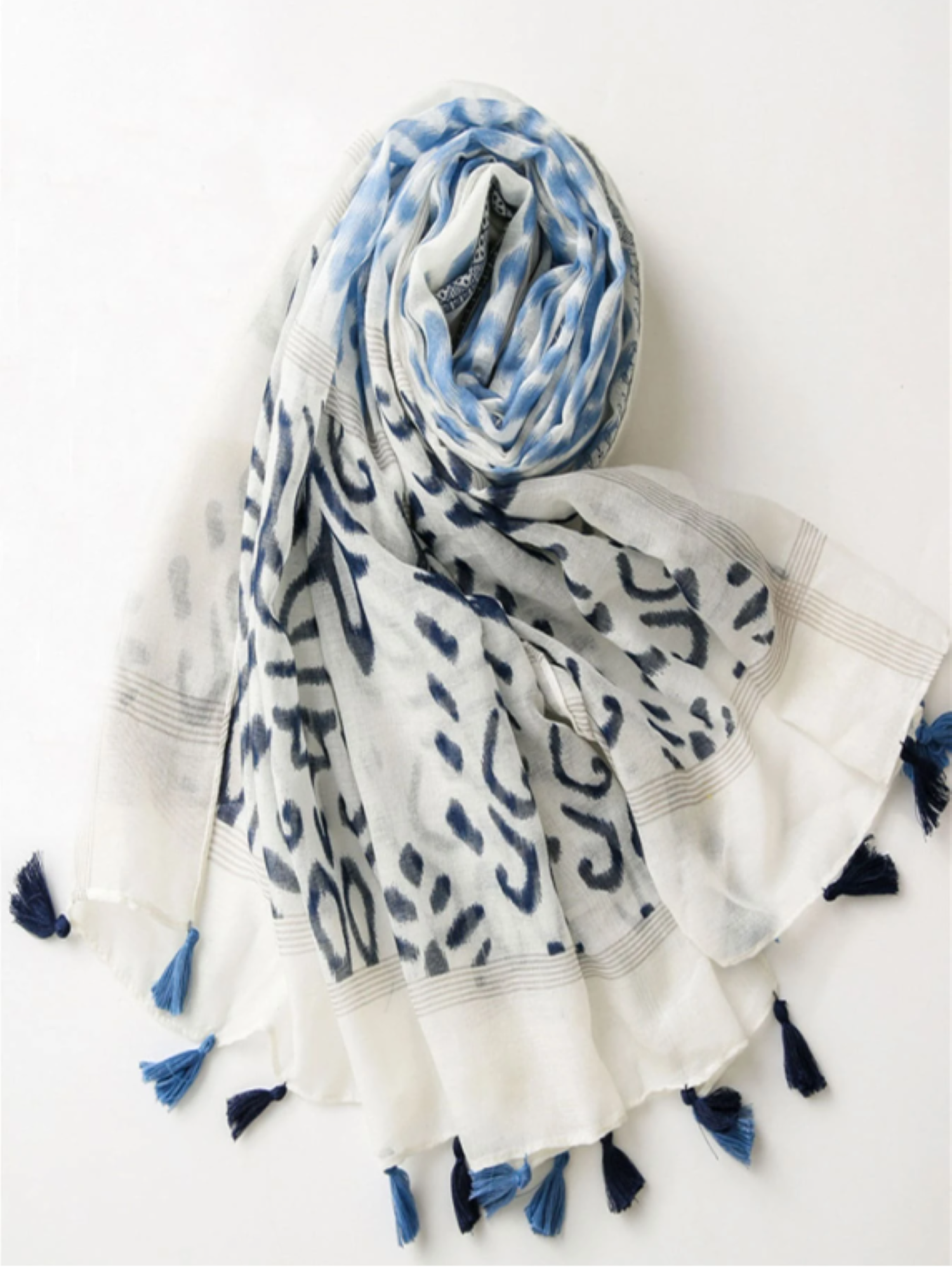 Tassel Scarf Blue and White - NA1, scarf, Pure Plus Clothing, Lagenlook Clothing, Plus Size Fashion, Over 50 Fashion