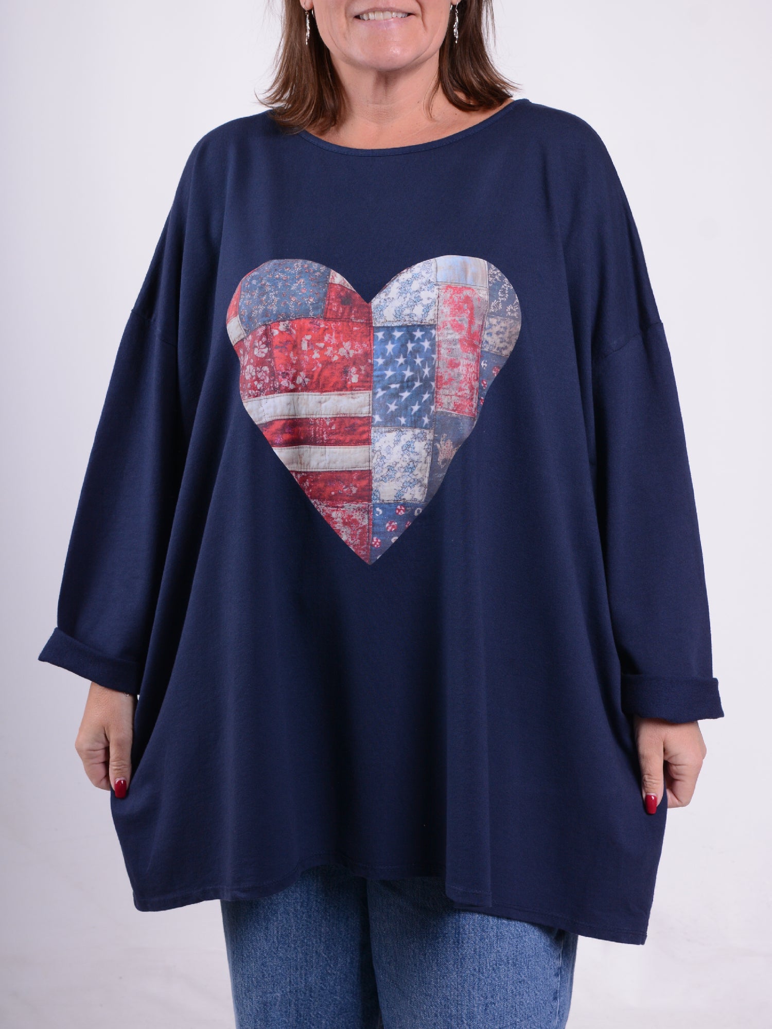 Sweatshirt with Patchwork Heart - 9482PH, Tops & Shirts, Pure Plus Clothing, Lagenlook Clothing, Plus Size Fashion, Over 50 Fashion