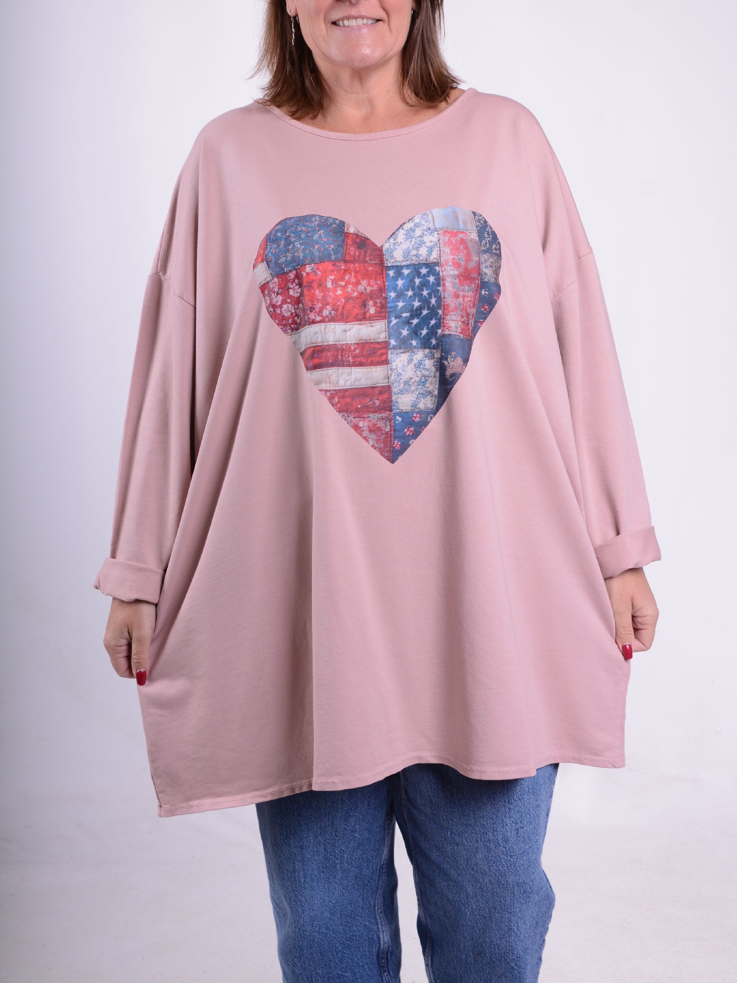 Sweatshirt with Patchwork Heart - 9482PH, Tops & Shirts, Pure Plus Clothing, Lagenlook Clothing, Plus Size Fashion, Over 50 Fashion