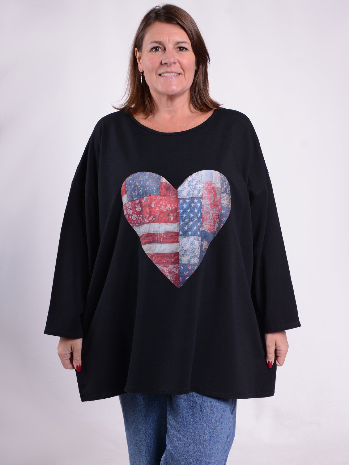 Sweatshirt with Patchwork Heart - 9482PH, Tops & Shirts, Pure Plus Clothing, Lagenlook Clothing, Plus Size Fashion, Over 50 Fashion