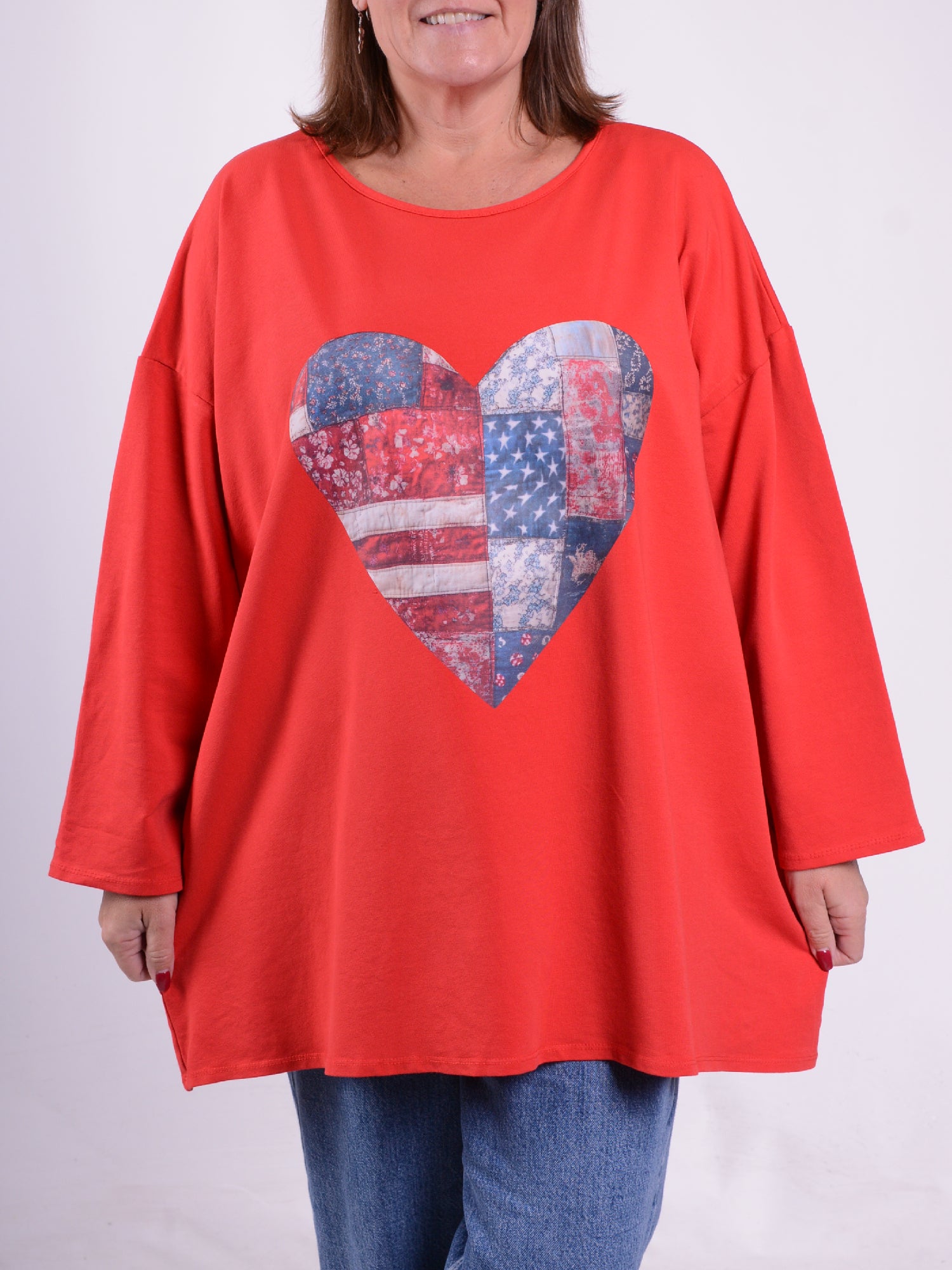 Sweatshirt with Patchwork Heart - 9482PH, Tops & Shirts, Pure Plus Clothing, Lagenlook Clothing, Plus Size Fashion, Over 50 Fashion