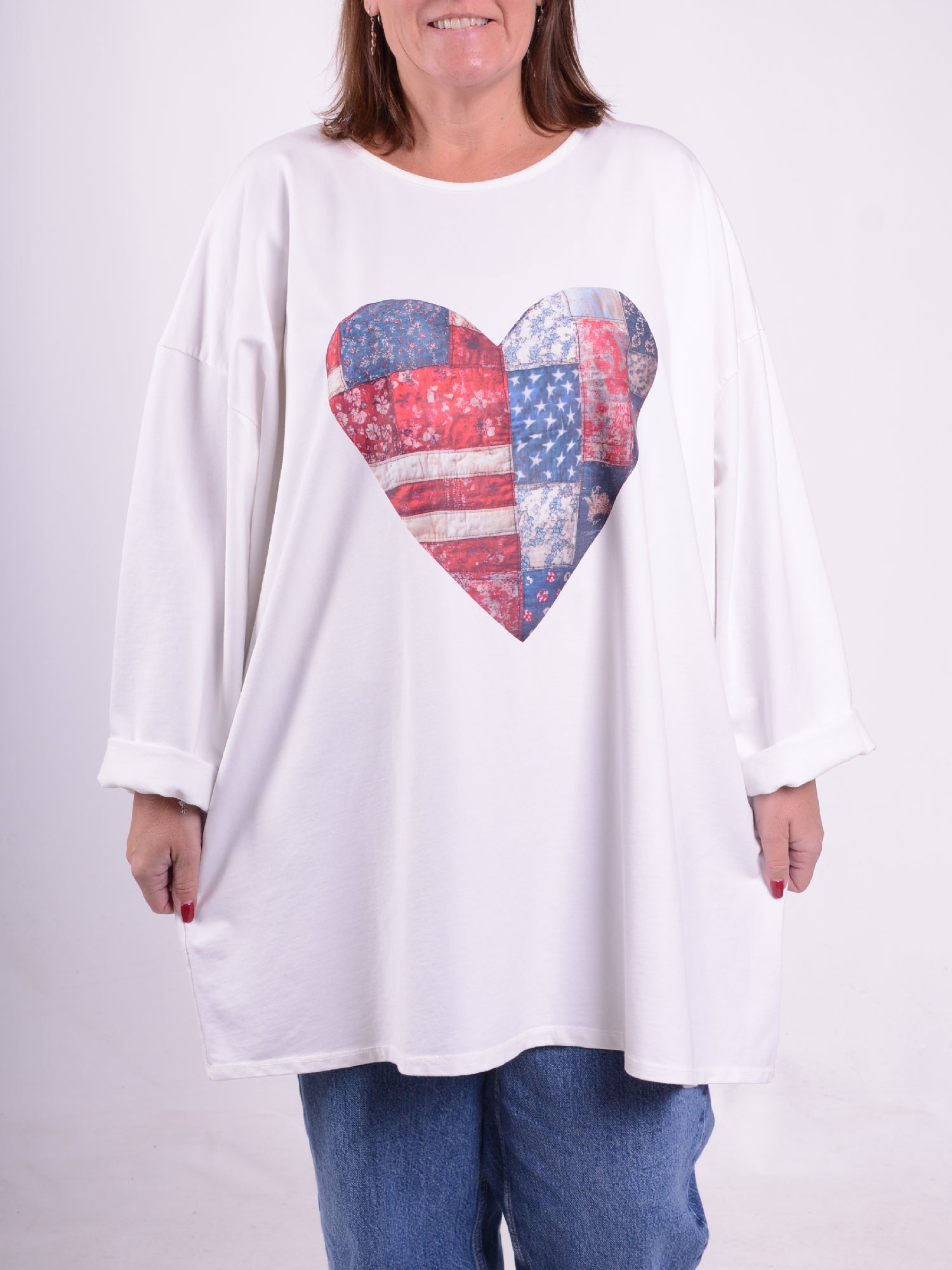 Sweatshirt with Patchwork Heart - 9482PH, Tops & Shirts, Pure Plus Clothing, Lagenlook Clothing, Plus Size Fashion, Over 50 Fashion