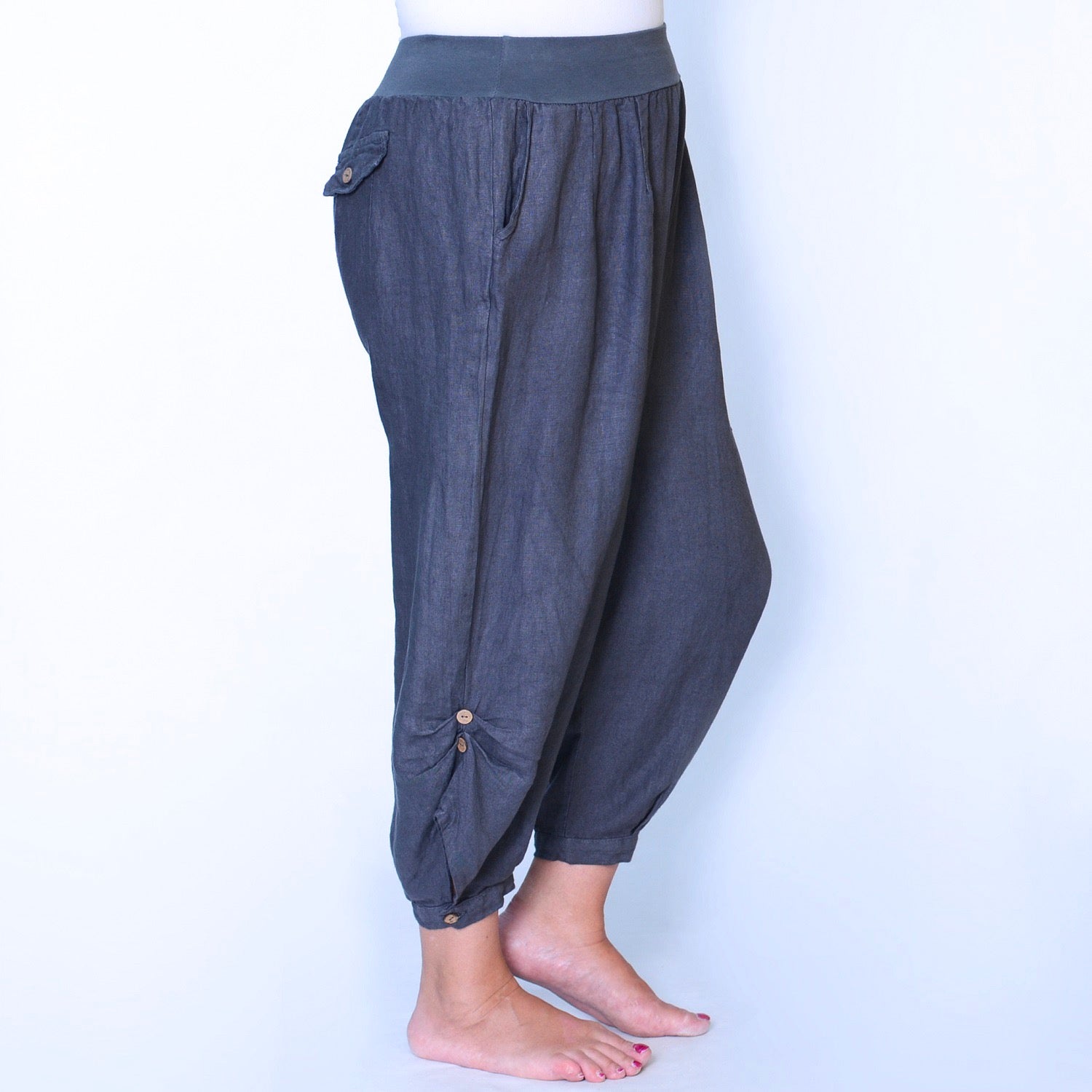 Linen Trousers Ruched with Button - 8336, Trousers, Pure Plus Clothing, Lagenlook Clothing, Plus Size Fashion, Over 50 Fashion