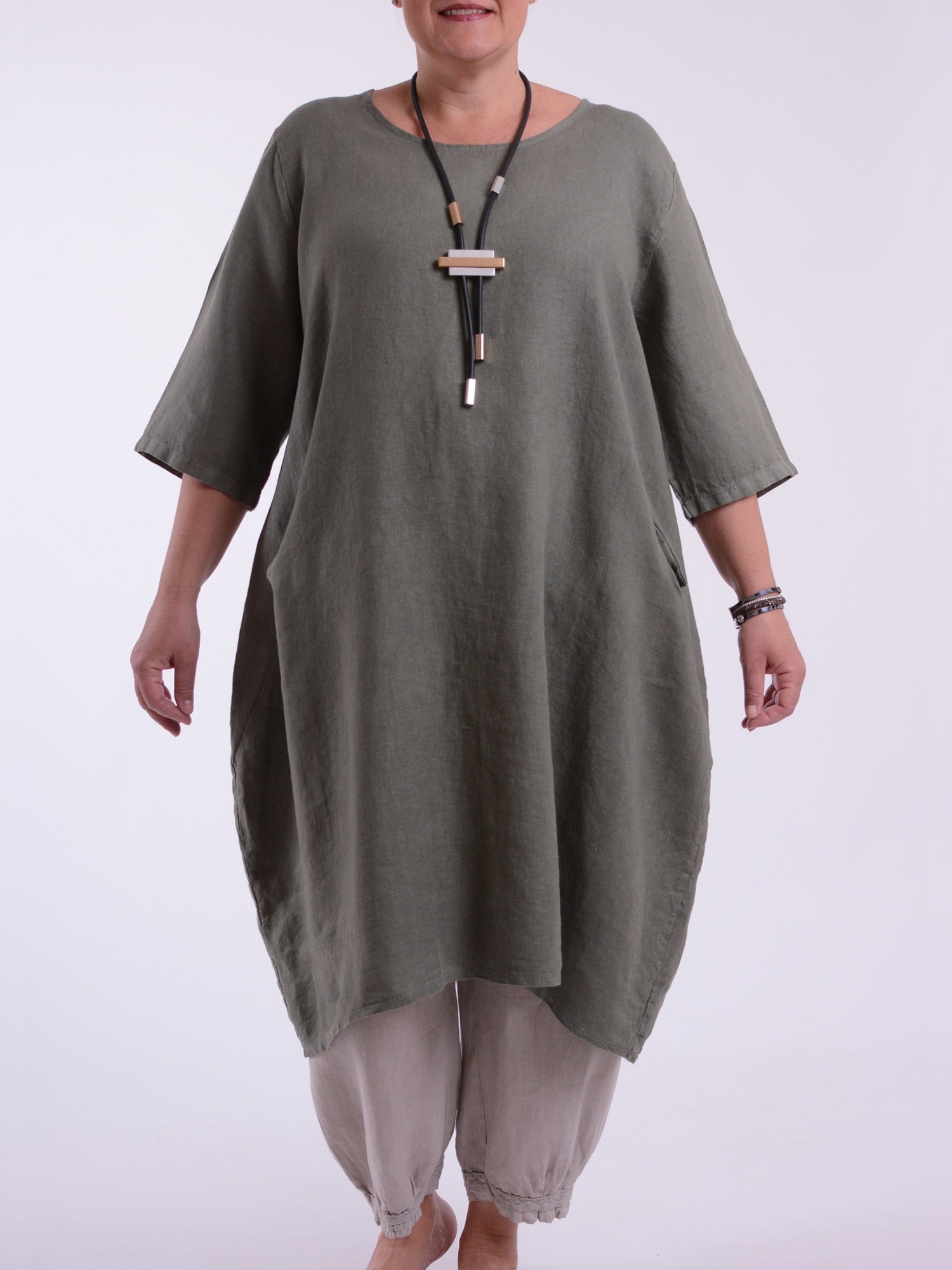 Linen Casual Dress - 9469 Size 2 - 26 28 30 32 / Khaki Linen Casual Dress - 9469 Size 2 - 26 28 30 32 / Khaki