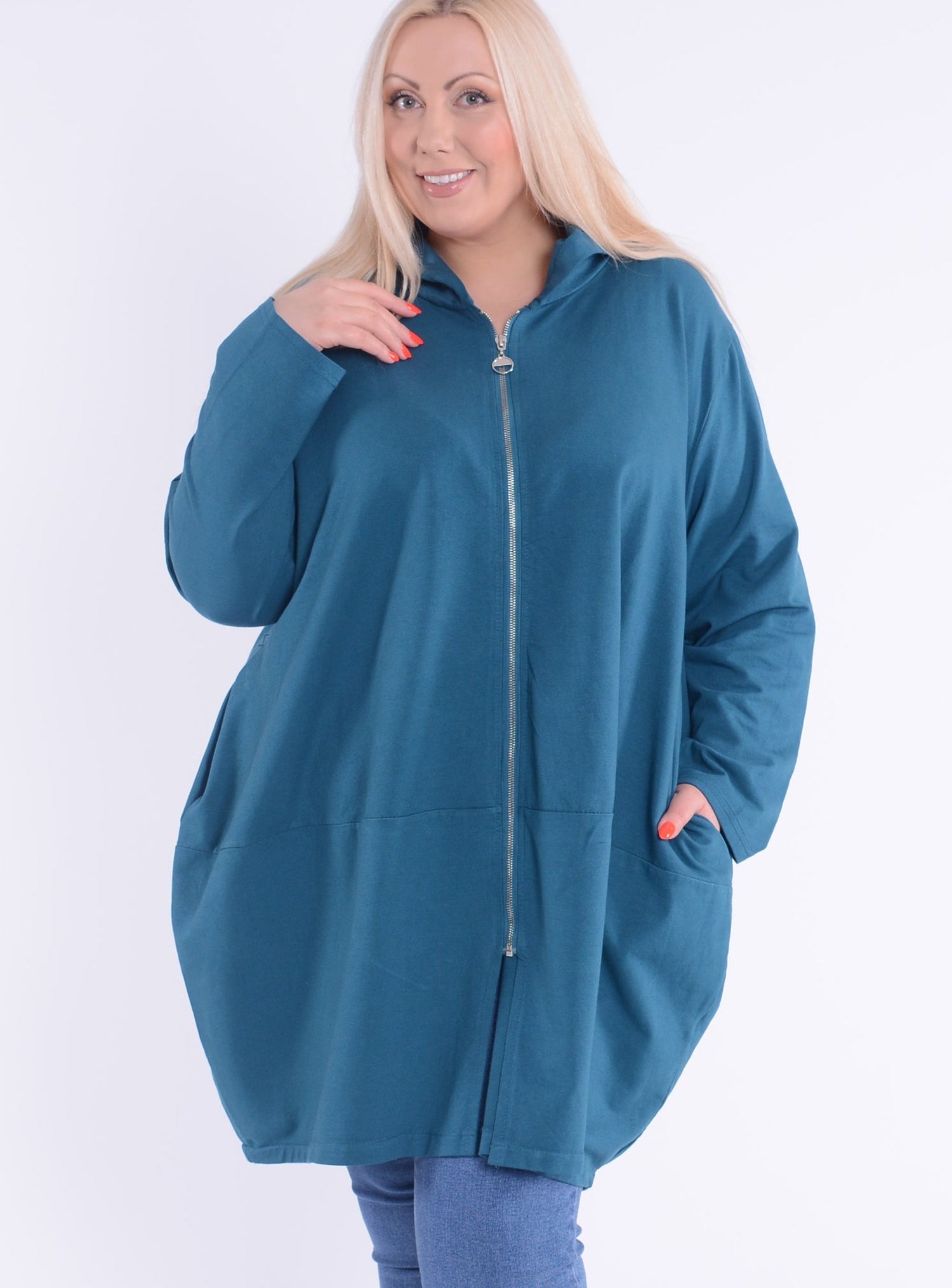 Oversize Long Cotton Hooded Zip up Jacket - 9821 - Pure Plus Clothing