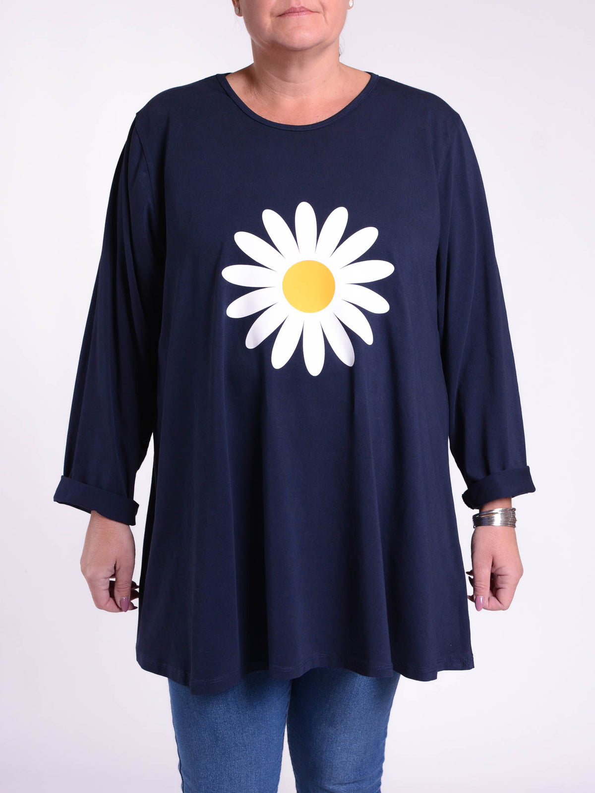 Cotton Swing Top Round Neck Long Sleeve - 20516 BIG DAISY, Tops & Shirts, Pure Plus Clothing, Lagenlook Clothing, Plus Size Fashion, Over 50 Fashion