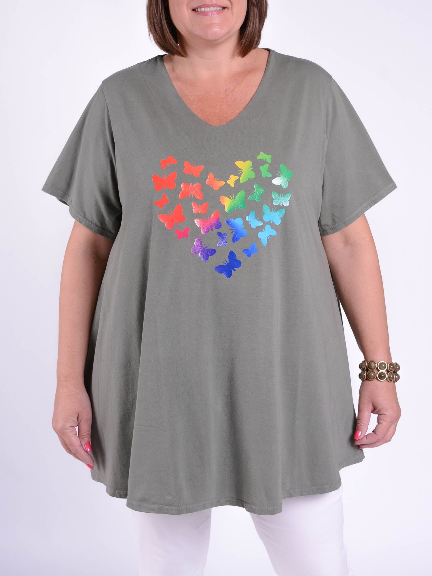 Basic Cotton Swing T Shirt - V Neck 10520 BUTTERFLIES, Tops & Shirts, Pure Plus Clothing, Lagenlook Clothing, Plus Size Fashion, Over 50 Fashion