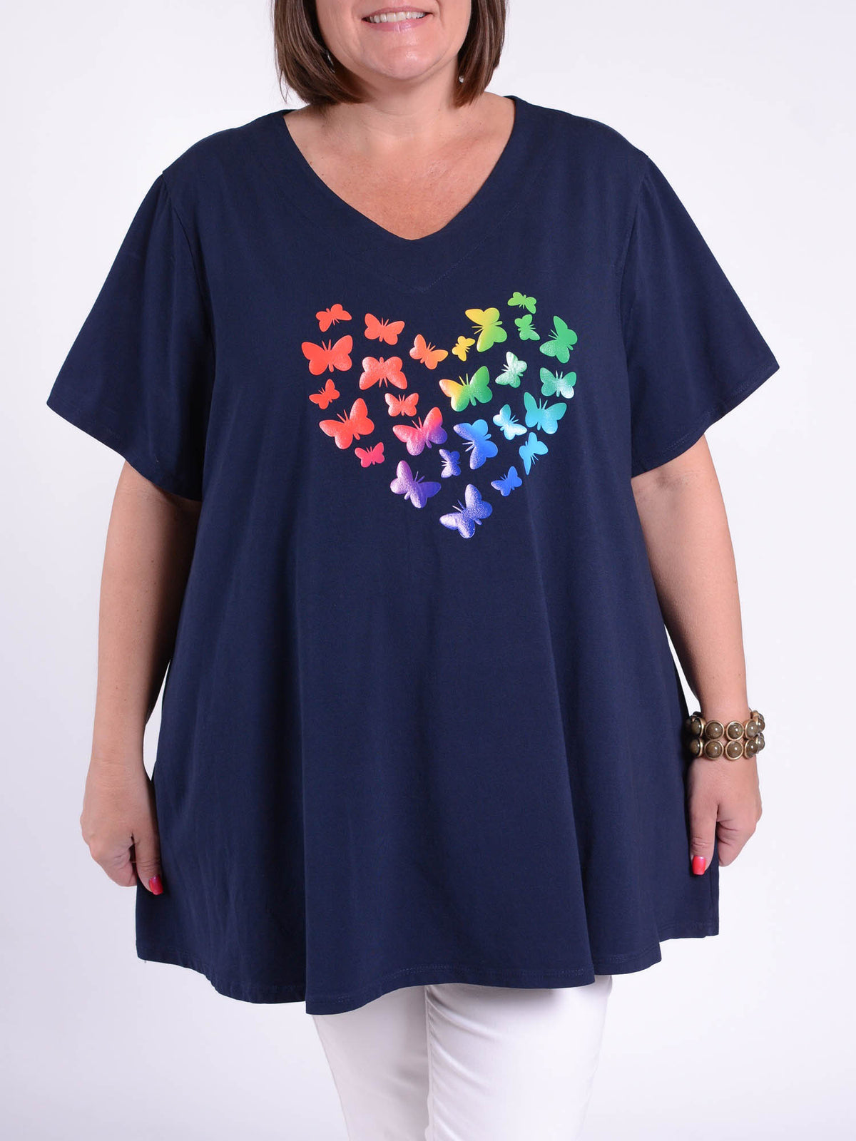 Basic Cotton Swing T Shirt - V Neck 10520 BUTTERFLIES, Tops & Shirts, Pure Plus Clothing, Lagenlook Clothing, Plus Size Fashion, Over 50 Fashion